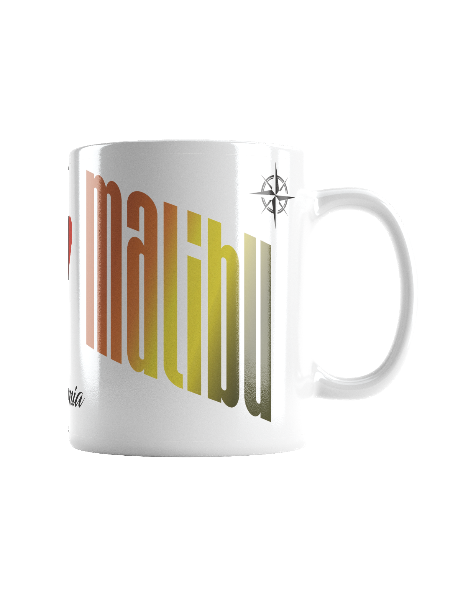 White coffee mug with colorful text and a compass rose symbol, partially visible, against a black background.