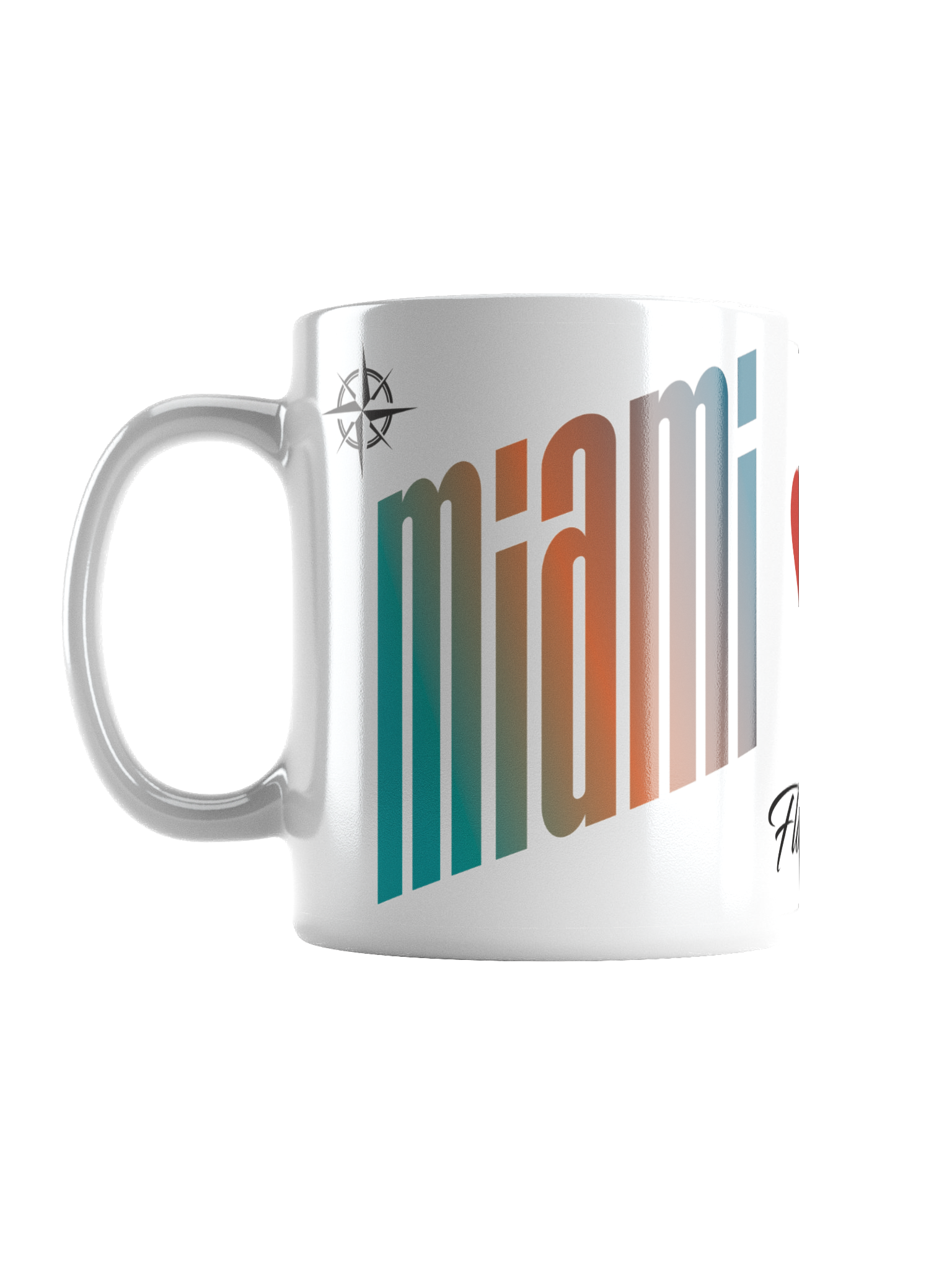 Close-up of a white coffee mug with colorful vertical lines and a partial signature on the lower right.
