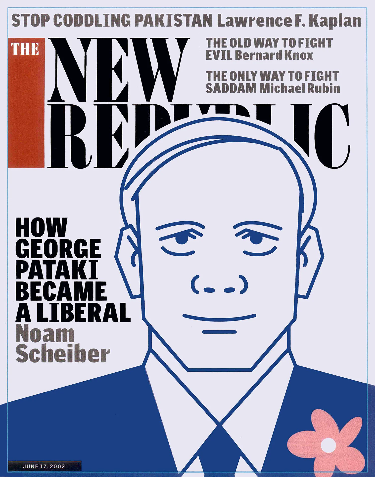 Cover of 'The New Republic' magazine dated June 17, 2002, featuring a stylized illustration of a man's face in blue lines. The cover headlines include articles titled 'How George Pataki Became a Liberal' by Noam Scheiber, and others on Pakistan, evil