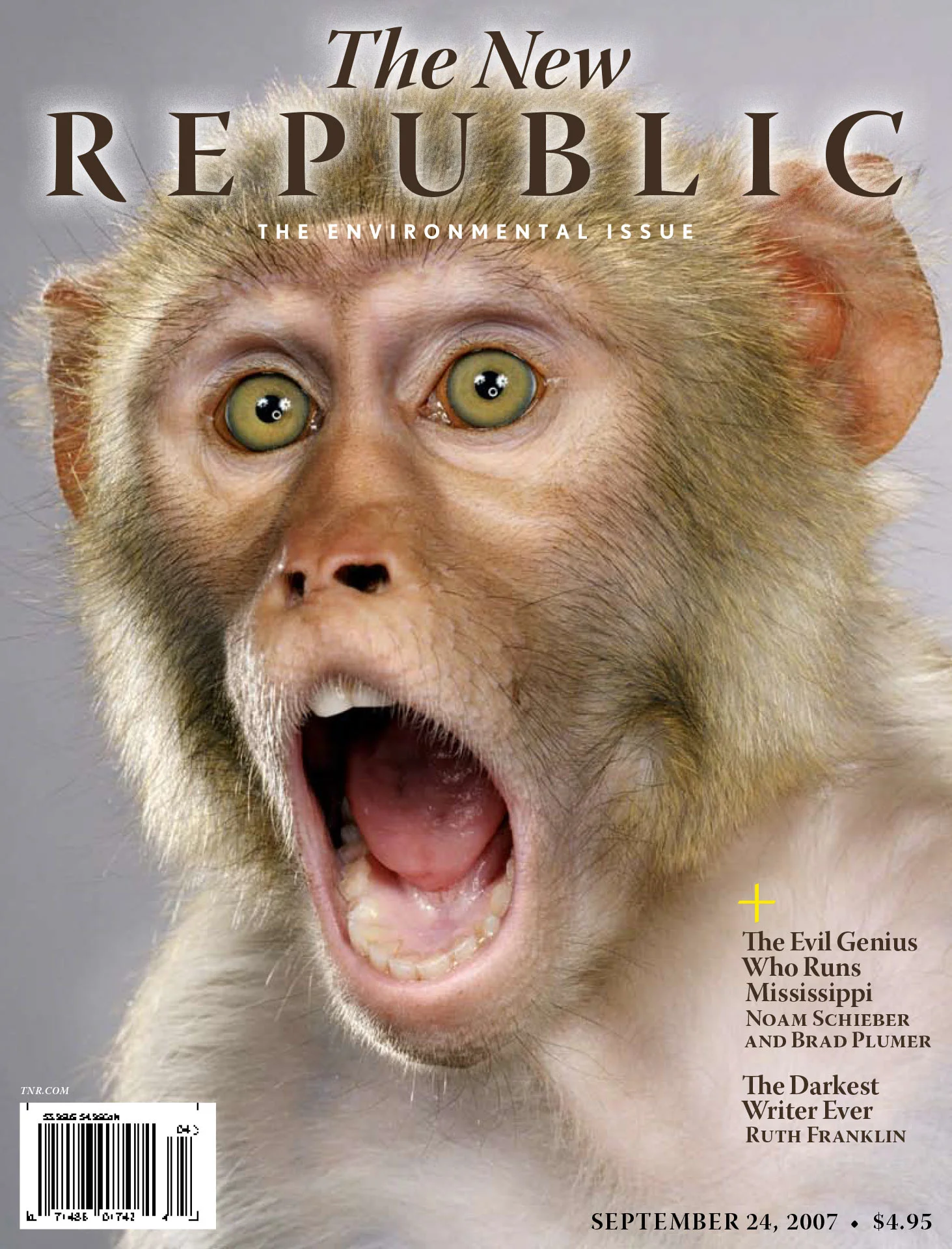 Cover of The New Republic magazine with an image of a surprised monkey, titled "The Environmental Issue," dated September 24, 2007.