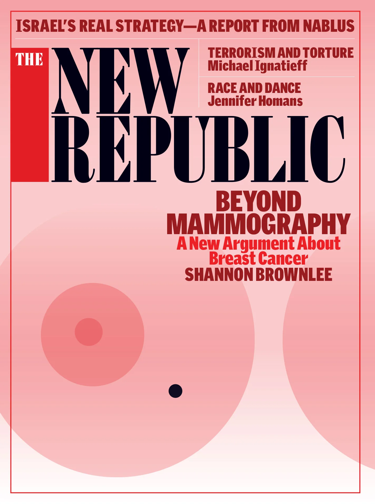 Cover of The New Republic magazine featuring headlines about Israel, terrorism, dance, and breast cancer.