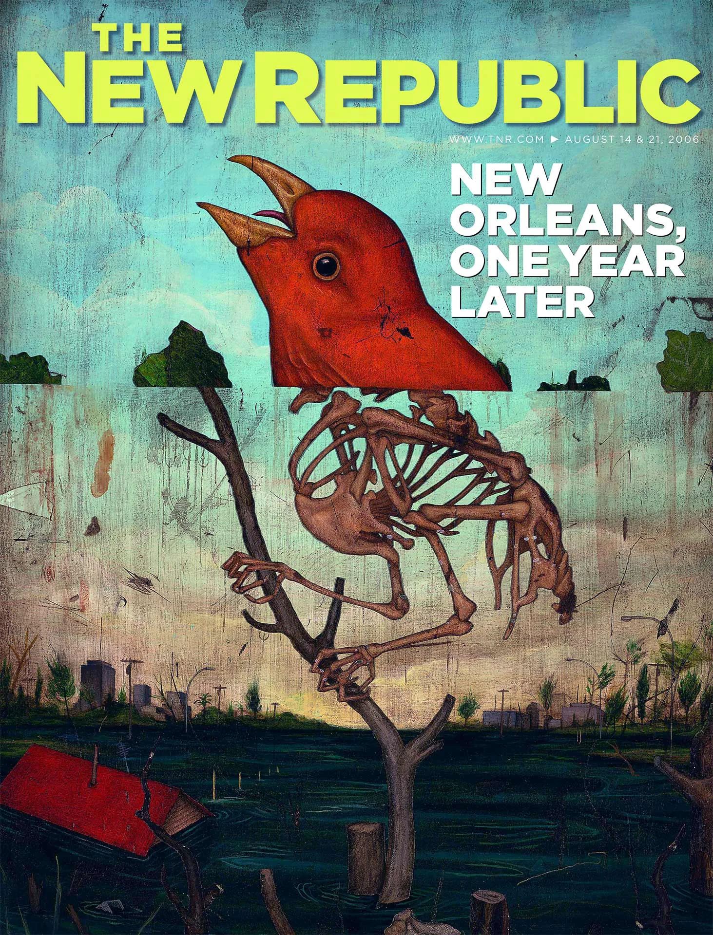Cover of The New Republic magazine depicting a bird with a red head perched on a tree, transitioning into a skeletal form. Below, a submerged landscape suggests flooding, symbolizing the aftermath of Hurricane Katrina in New Orleans. Text reads: "New