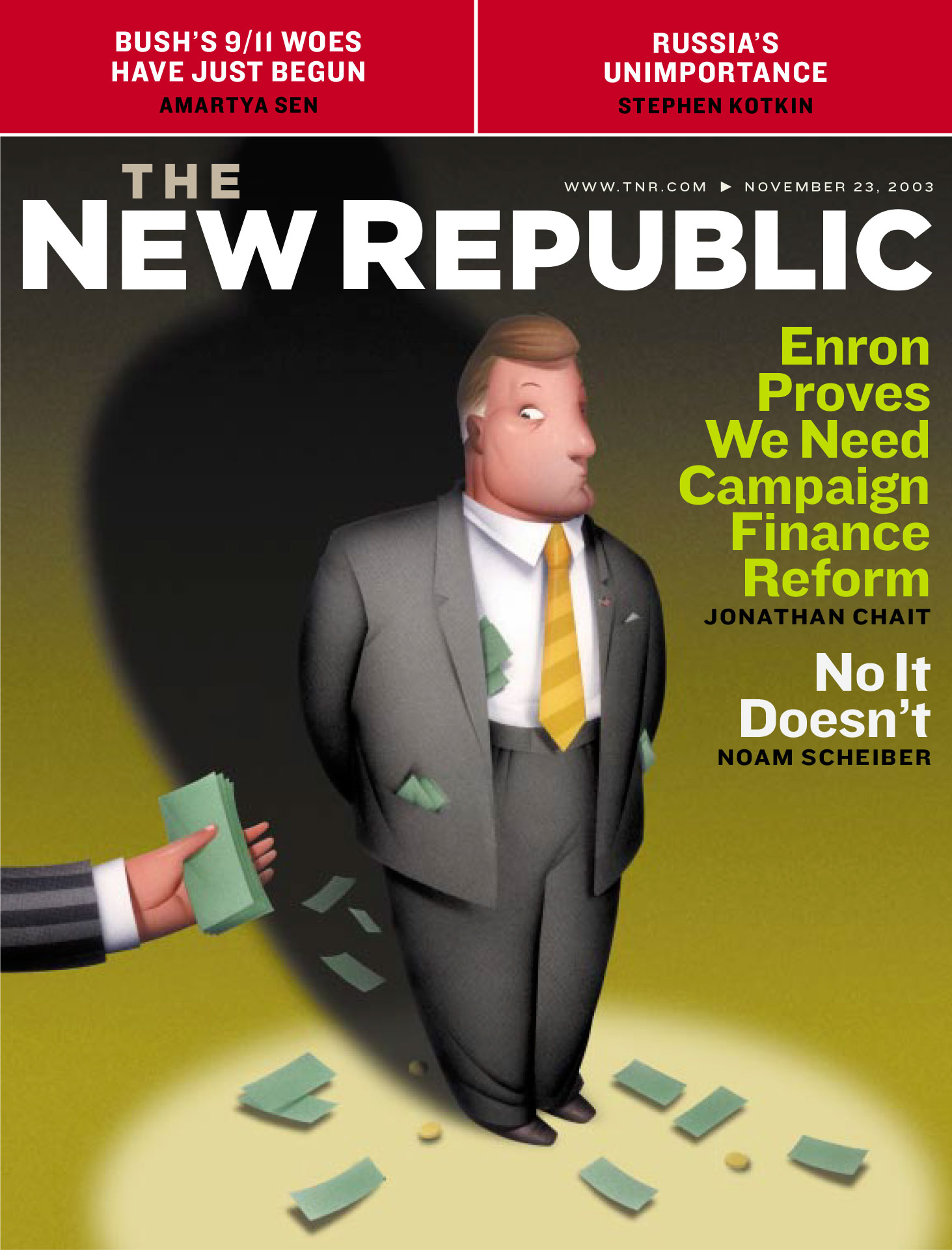 Magazine cover of "The New Republic" with a cartoon illustration of a businessman in a suit receiving money underhandedly, with surrounding articles on politics and finance, dated November 23, 2003.