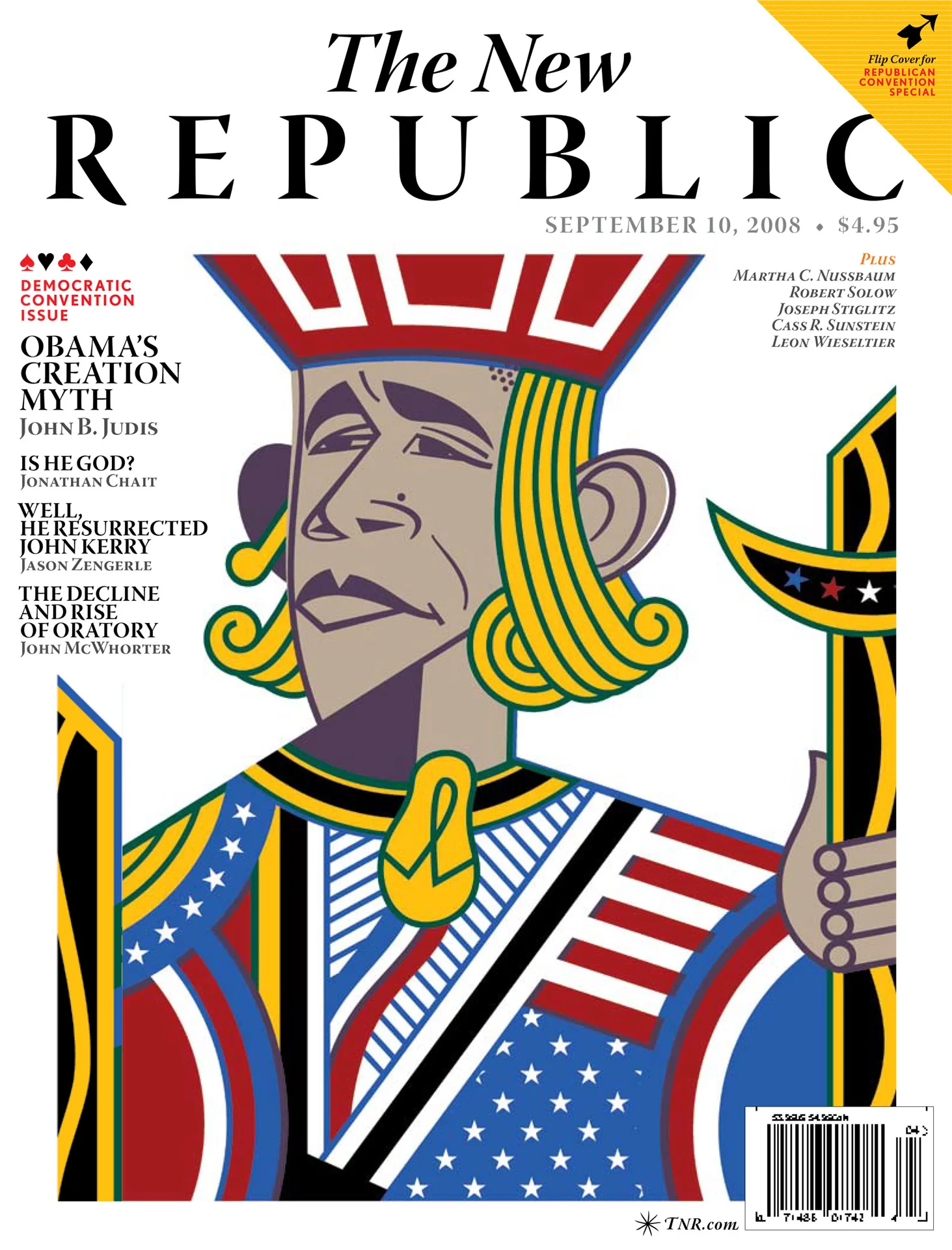The New Republic magazine cover featuring a stylized playing card king illustration with American flag elements, dated September 10, 2008, highlighting articles on Democratic Convention topics.