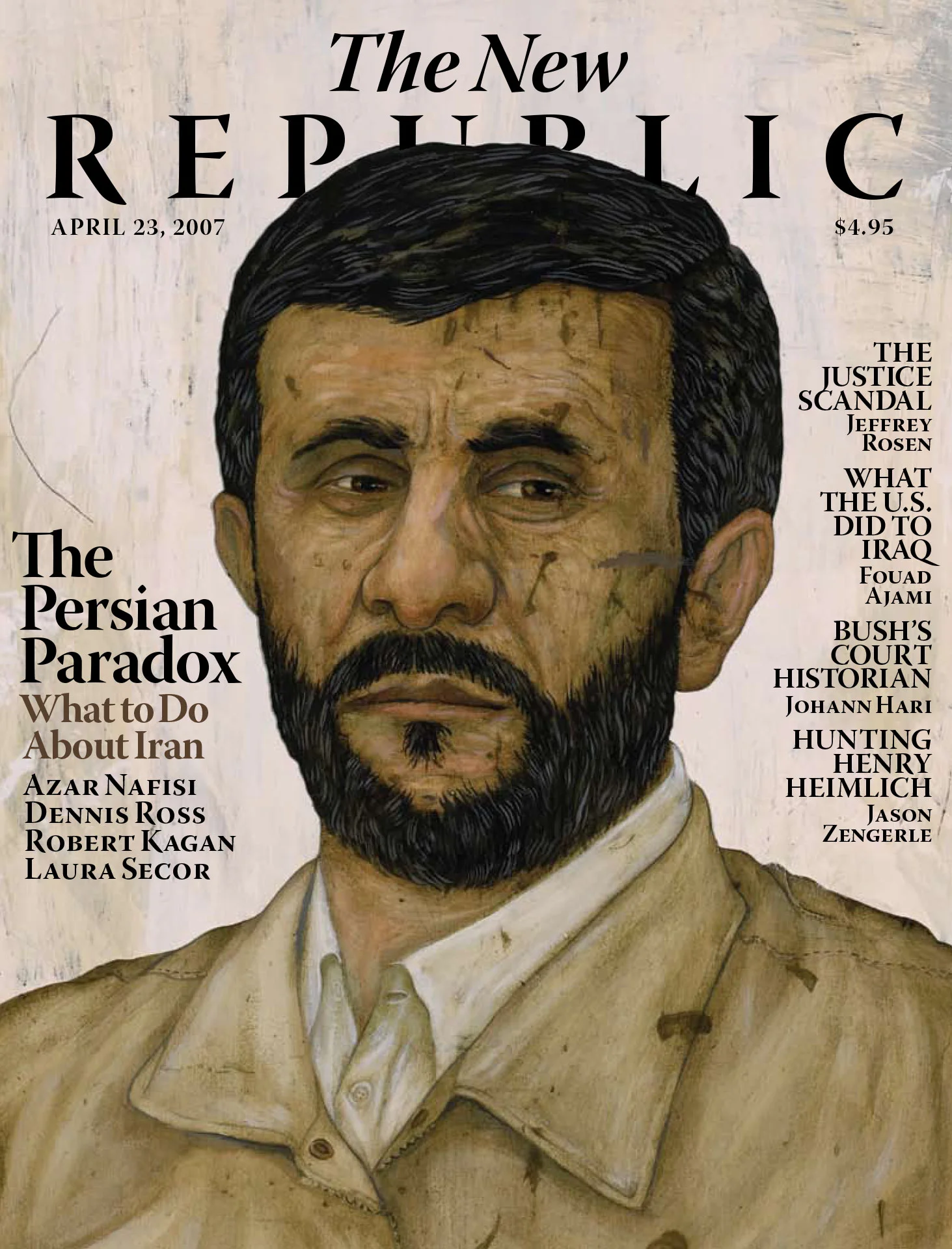 The New Republic magazine cover featuring a painted portrait of a bearded man labeled "The Persian Paradox: What to Do About Iran," dated April 23, 2007, with various article teasers.
