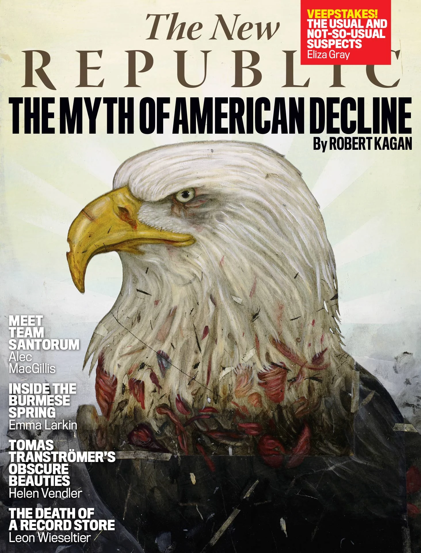 Cover of The New Republic magazine featuring an illustration of a bald eagle and article titles such as "The Myth of American Decline" by Robert Kagan.