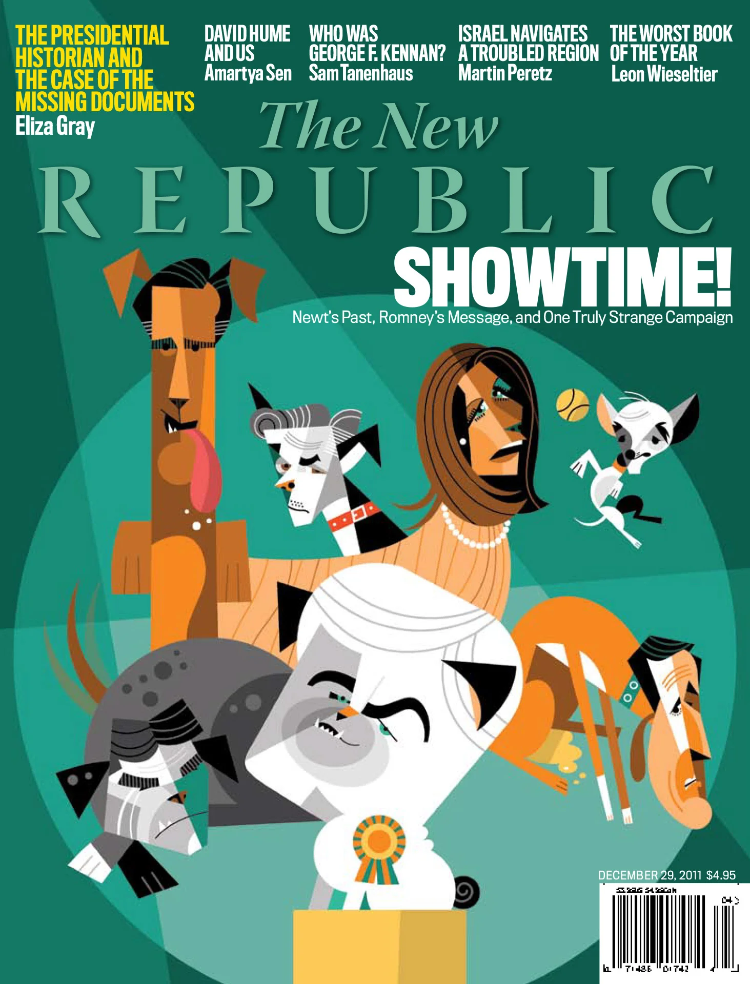 Cartoon illustration on The New Republic magazine cover with political figures as animals, featuring headlines about Newt Gingrich and Mitt Romney, dated December 29, 2011.