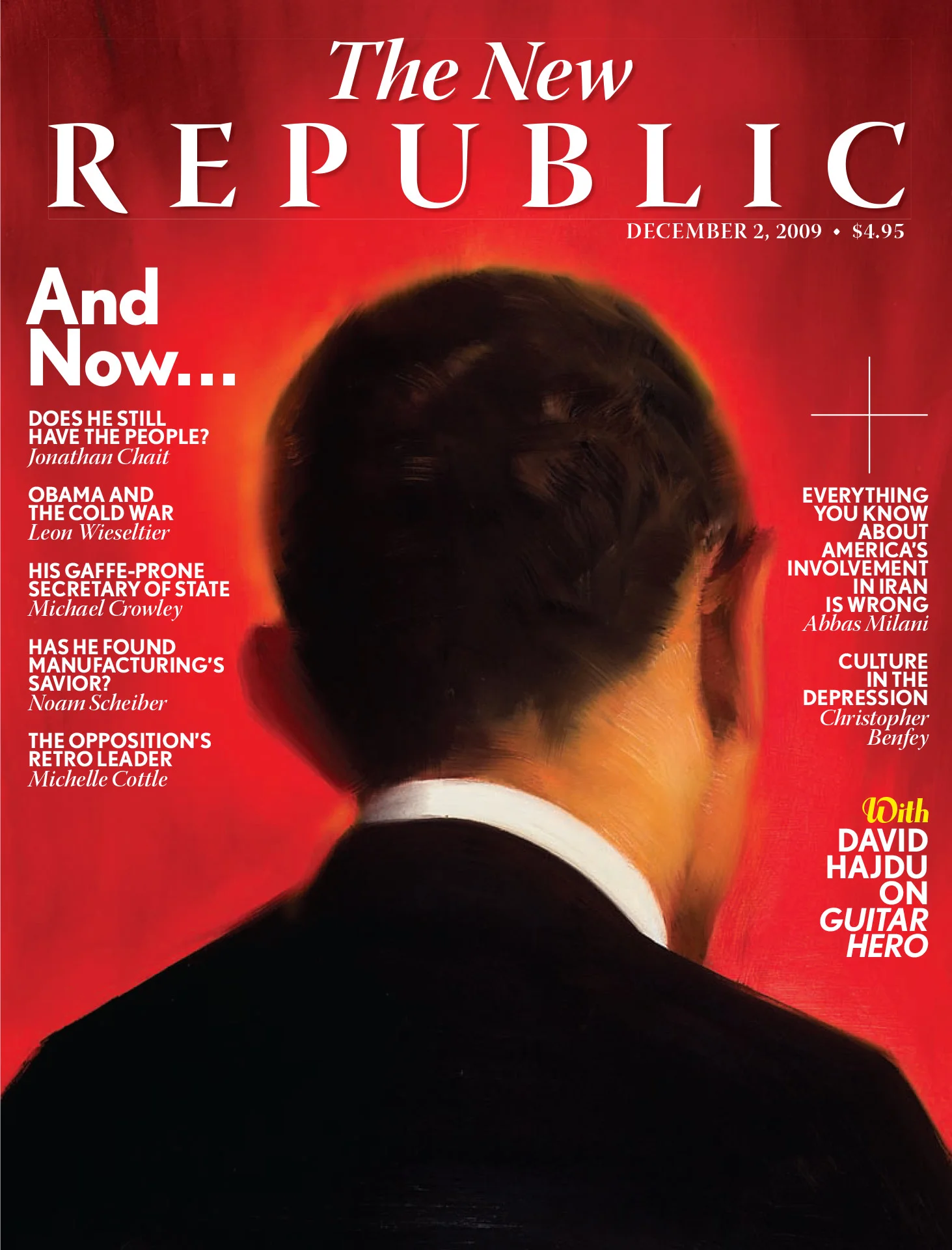 Cover of The New Republic magazine dated December 2, 2009, with a blurred portrait of a man from behind against a red background. The cover features article titles related to political topics and culture.