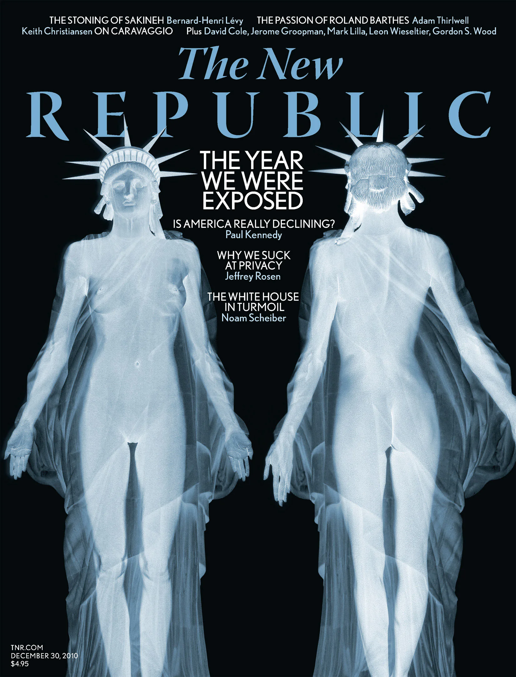 Cover of The New Republic magazine featuring two X-ray style images of the Statue of Liberty with text about political topics.
