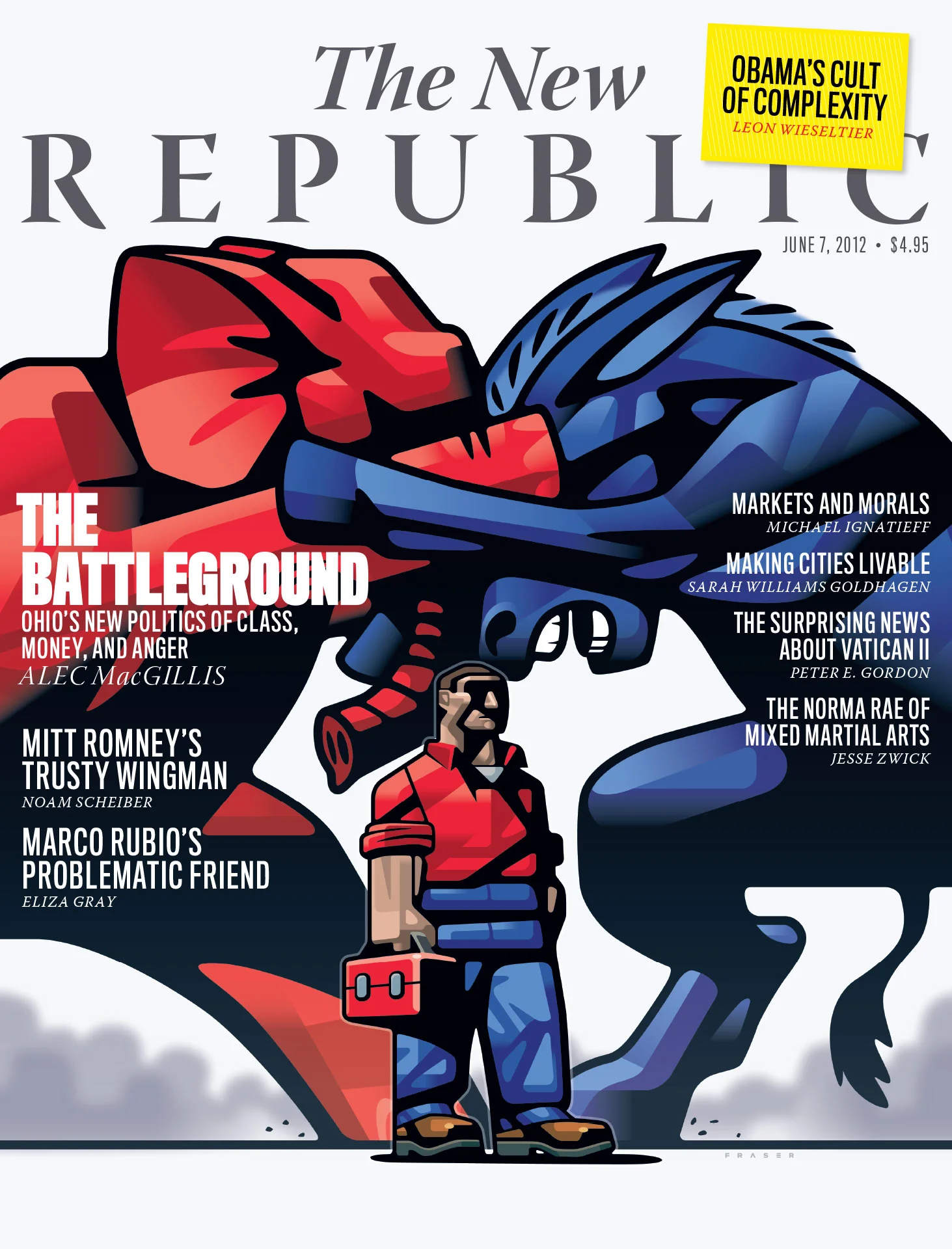 The cover of The New Republic magazine, dated June 7, 2012, featuring an illustration of two large, stylized robots in red and blue facing each other, with a smaller man in red shirt and jeans holding a toolbox in the foreground. Headlines include to