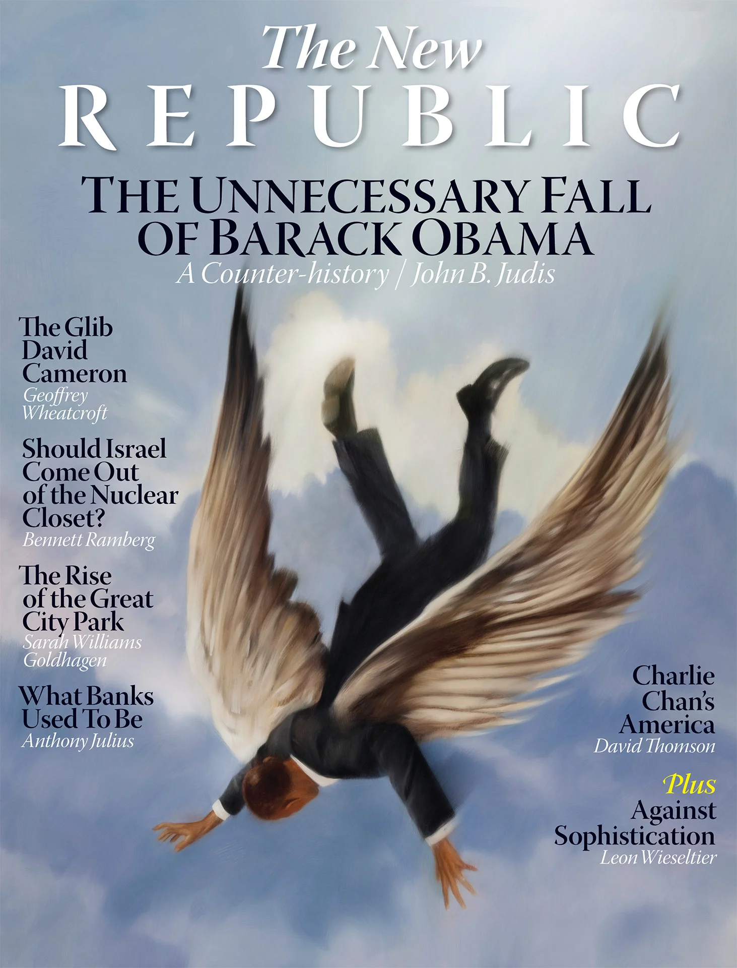 Cover of The New Republic featuring the headline "The Unnecessary Fall of Barack Obama" with a painting of a person with wings falling. Other article titles listed include pieces by Geoffrey Wheatcroft and John B. Judis.