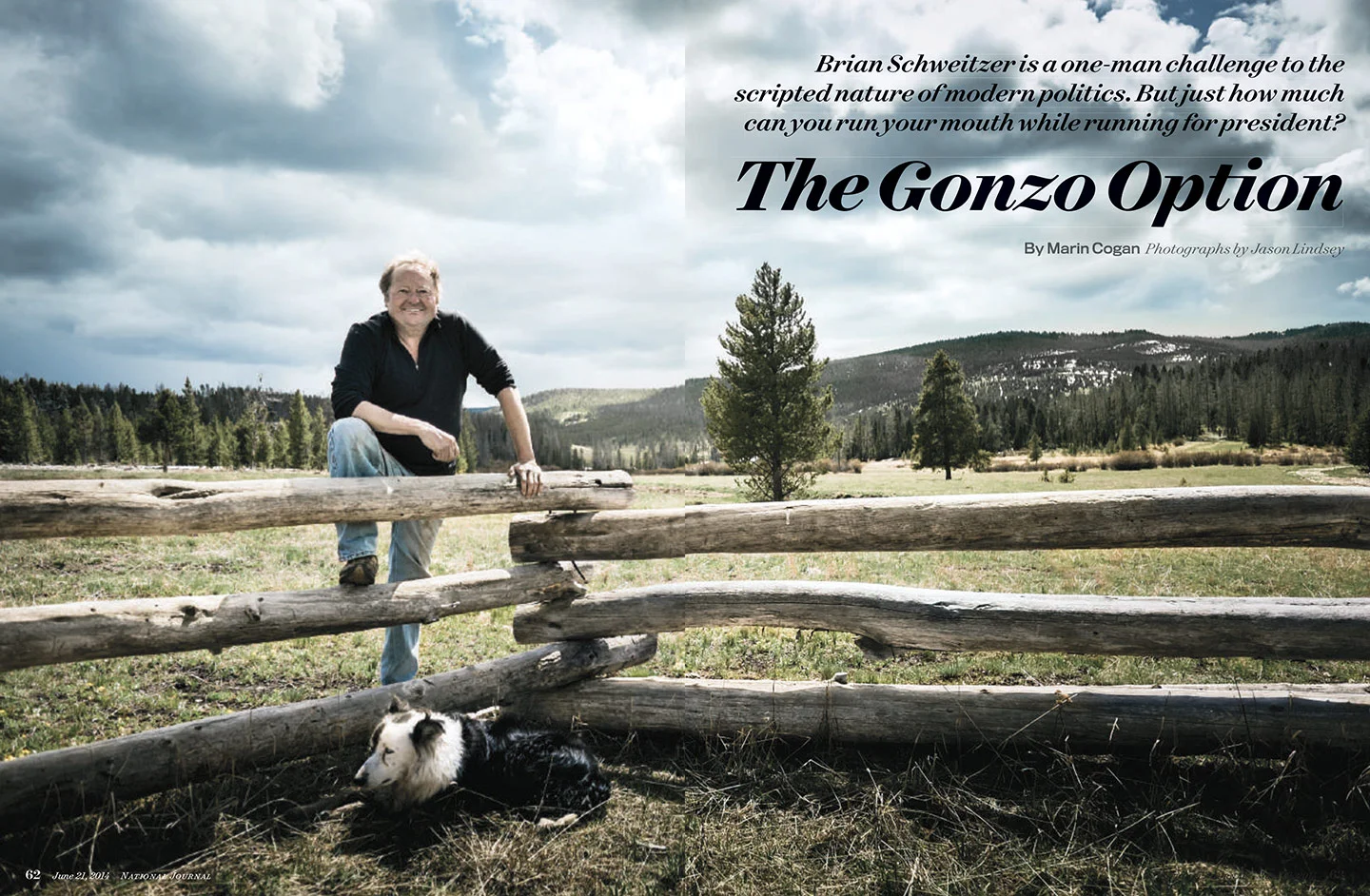Man in black shirt and jeans leaning on a rustic wooden fence in a grassy field with a black and white dog resting nearby; trees and hills in the background under a cloudy sky. Text overlay reads: 'Brian Schweitzer is a one-man challenge to the scrip