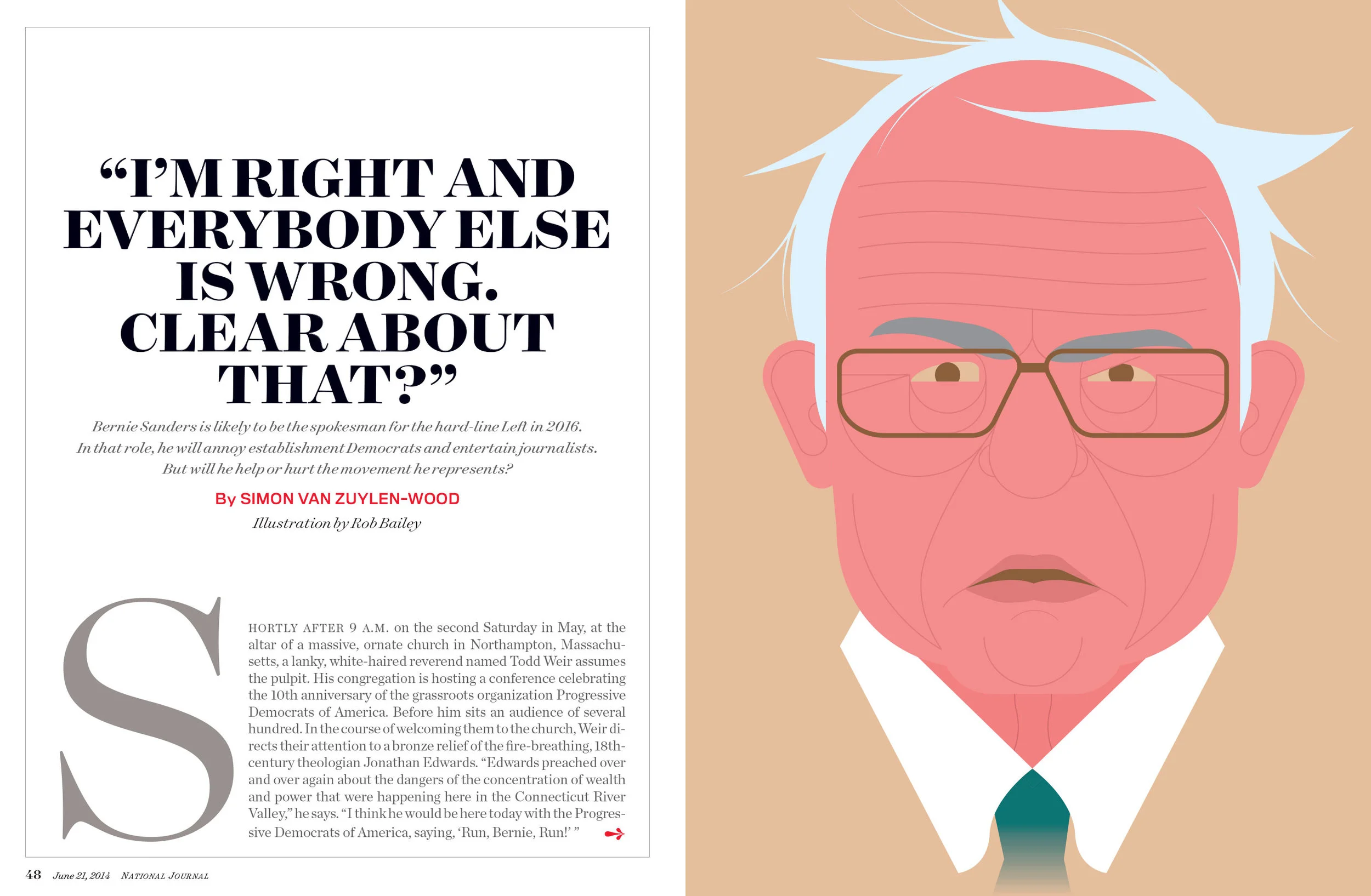 Illustration of an older man's face with glasses and white hair next to a page of text with a bold quote about political views.