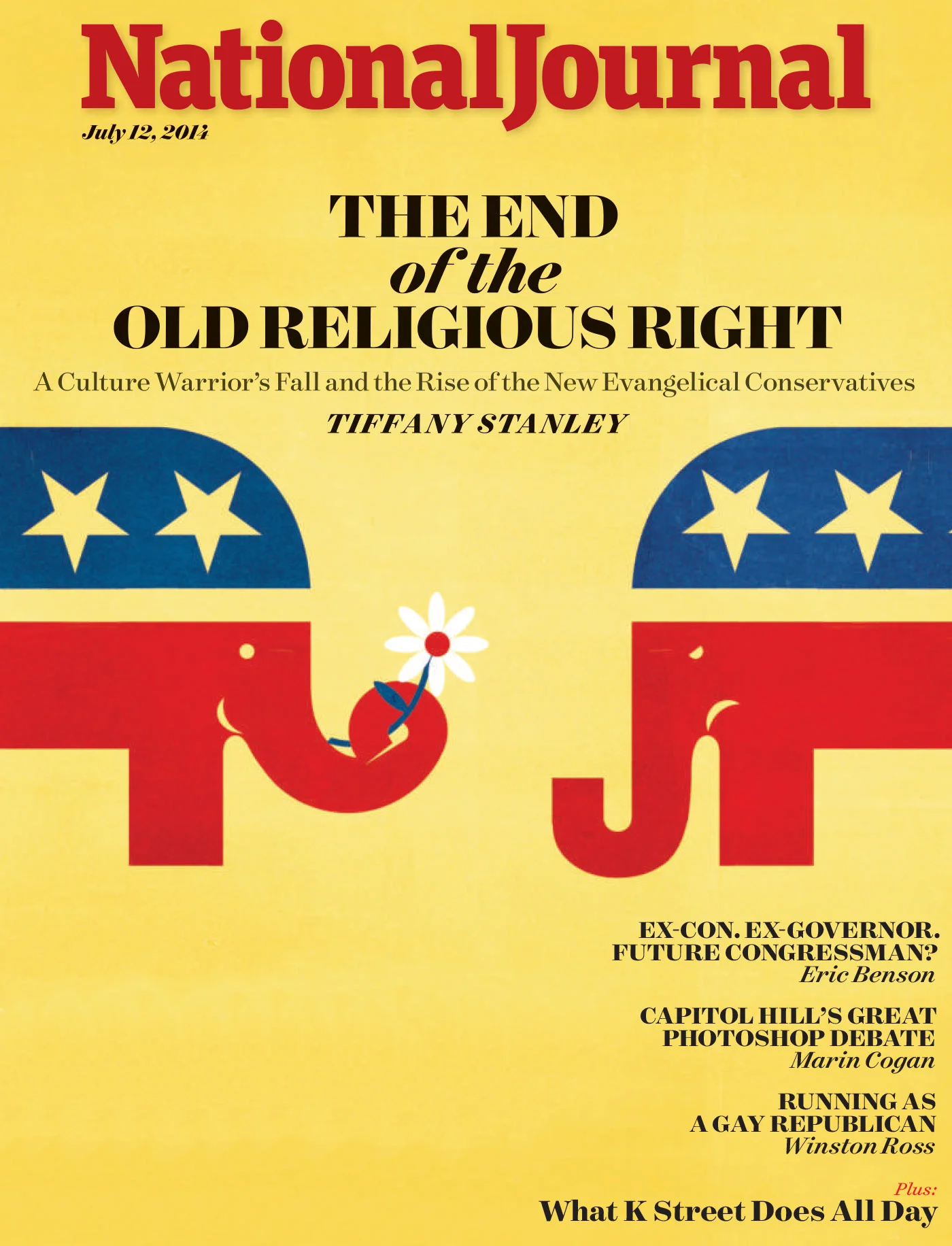 National Journal magazine cover dated July 12, 2014, featuring the headline "The End of the Old Religious Right" by Tiffany Stanley, with two red elephant graphics facing each other and one holding a flower, symbolizing political themes.