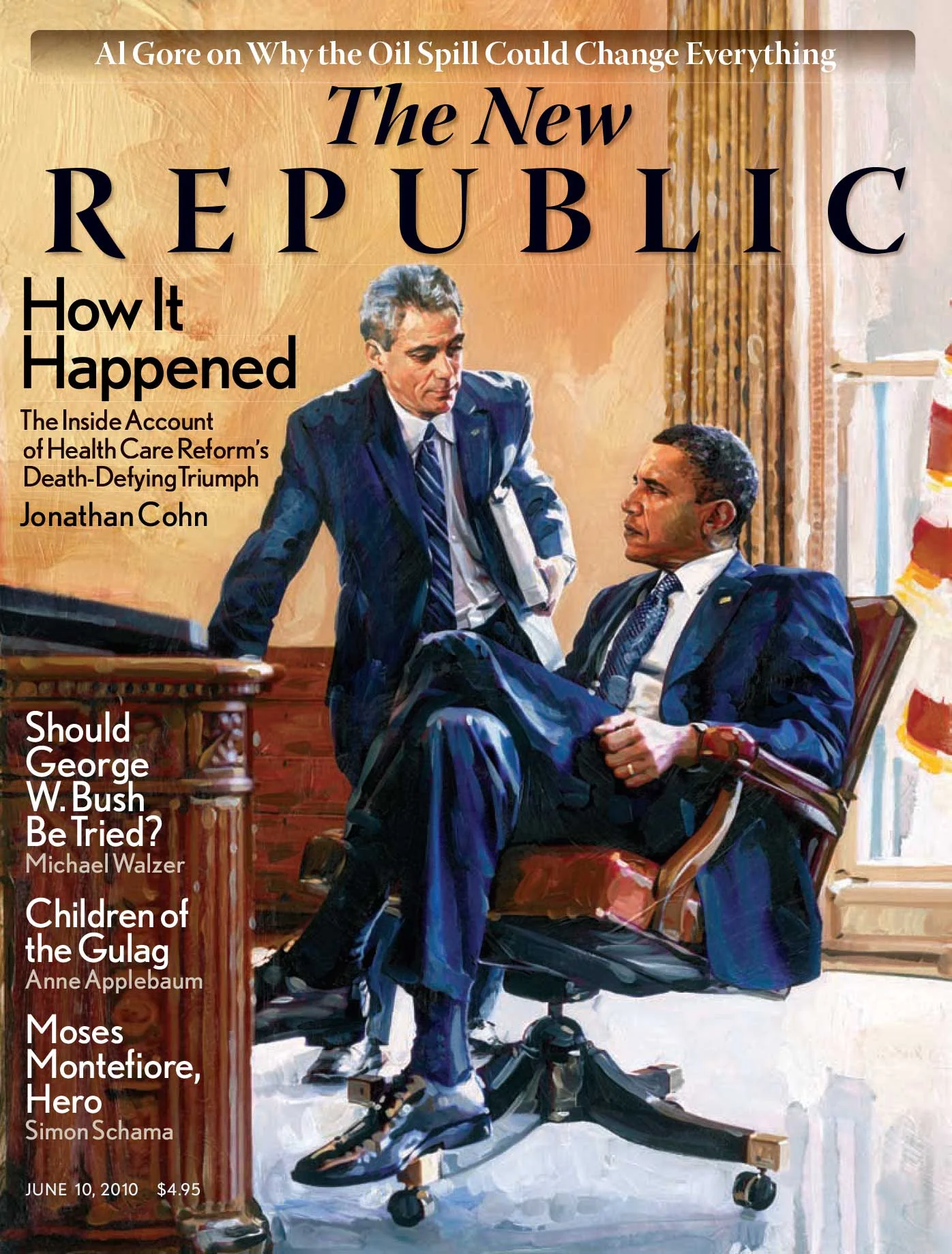 Magazine cover featuring an illustration of two men in business suits sitting in an office setting, with the title "The New Republic" and articles on health care reform, oil spills, and other topics.