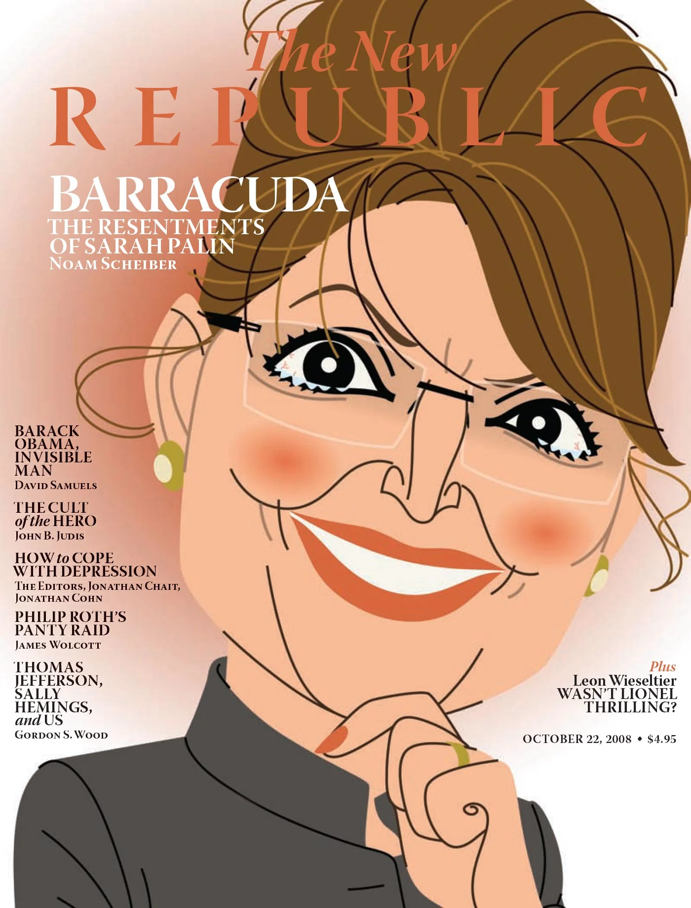Magazine cover of "The New Republic" featuring a caricature of a woman with glasses and an updo hairstyle. Headline reads "Barracuda: The Resentments of Sarah Palin" by Noam Scheiber. Other article titles and publication details are also displayed.