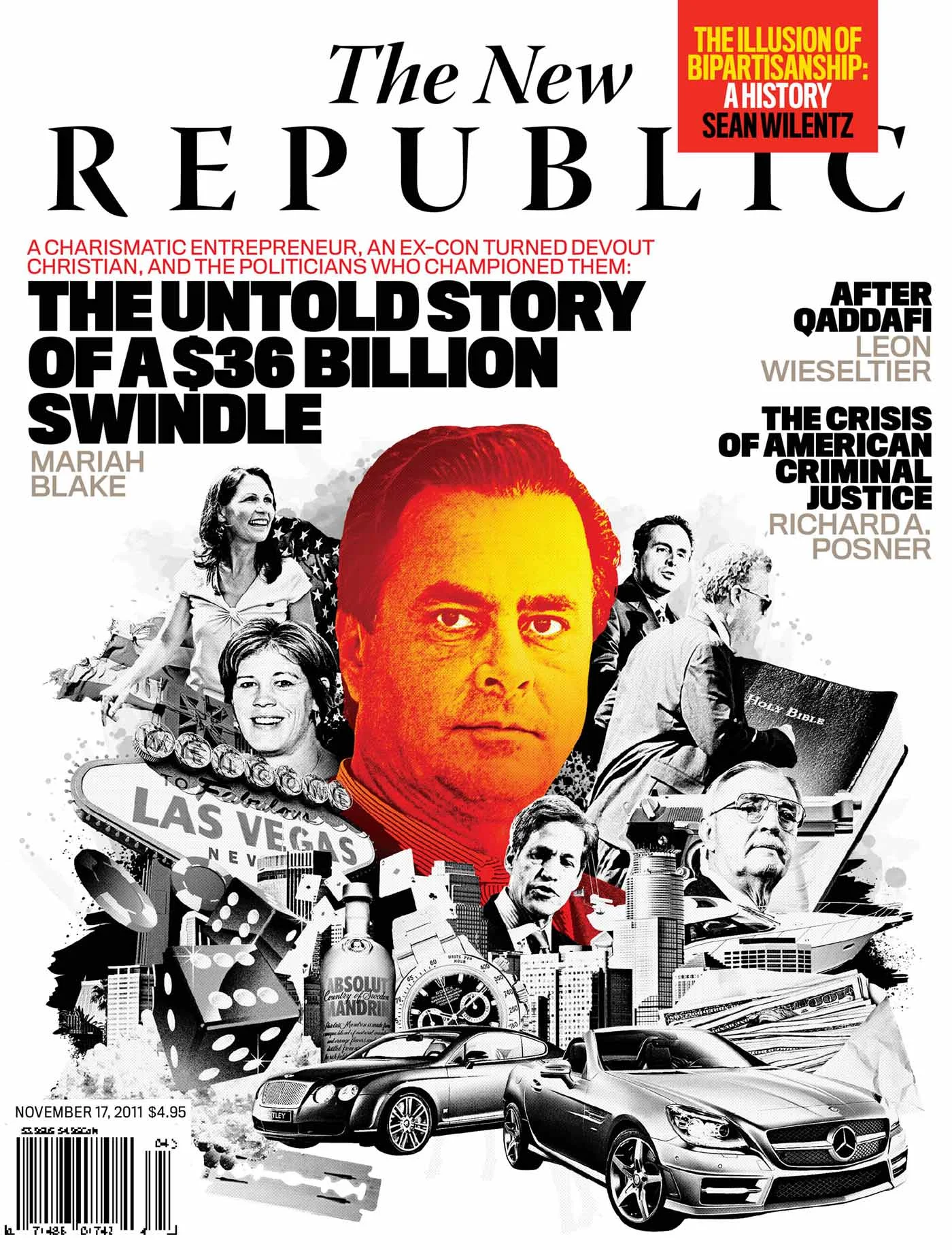 The New Republic magazine cover featuring a collage of images including a man's face in red, Las Vegas sign, cars, a Bible, money, and various people. The headline reads: "The Untold Story of a $36 Billion Swindle" by Mariah Blake. Published November