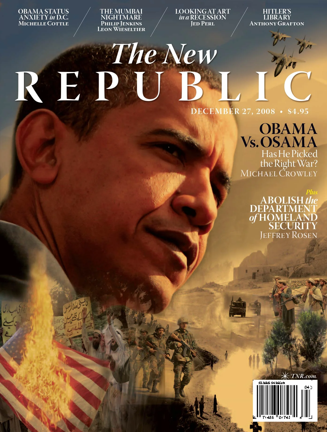 Cover of The New Republic magazine dated December 27, 2008, featuring a close-up of a man's face with military and protest imagery in the background. Cover articles include topics such as 'Obama vs. Osama,' Homeland Security, and a recession art anal