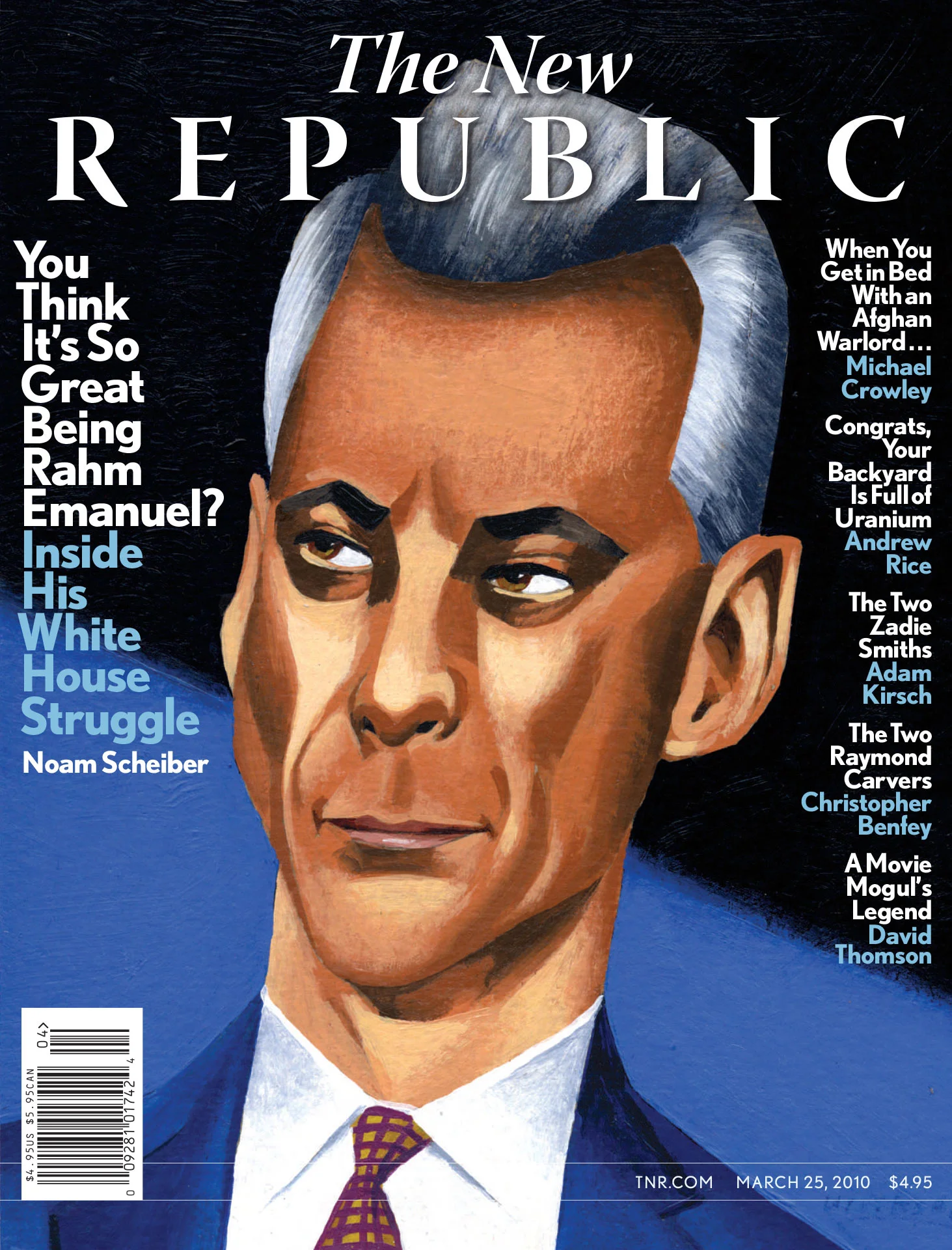 Cover of The New Republic March 25, 2010 issue featuring an illustrated portrait of a person in a suit with text about various articles inside.