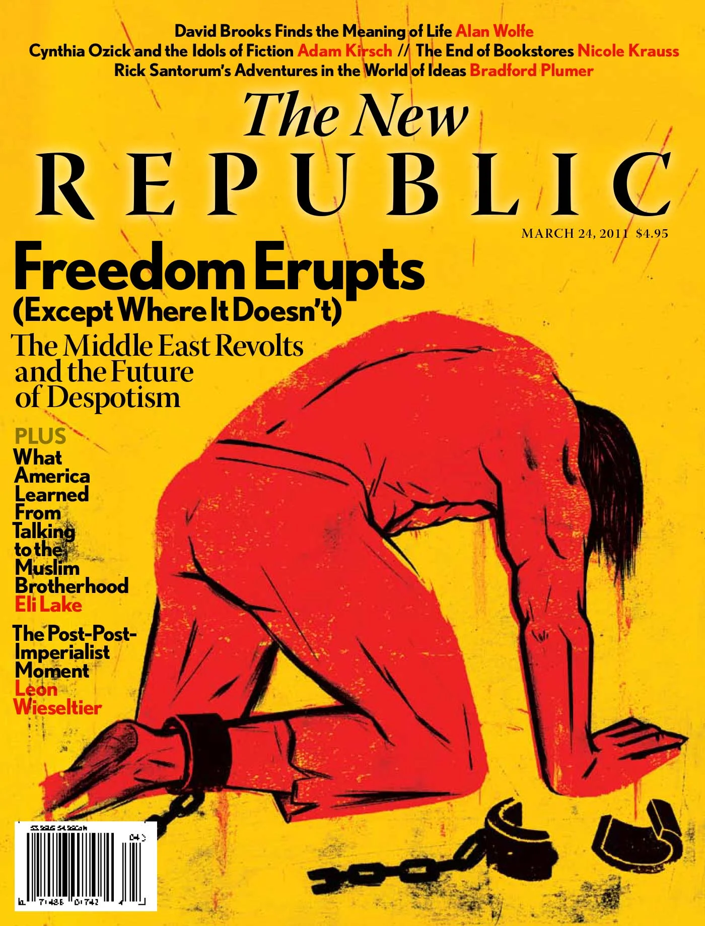 Cover of The New Republic magazine dated March 24, 2011, featuring an illustration of a person breaking free from chains. Headline reads "Freedom Erupts (Except Where It Doesn’t): The Middle East Revolts and the Future of Despotism." Additional artic