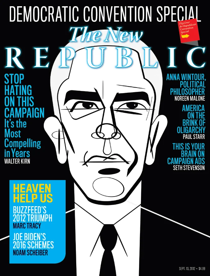 The New Republic magazine cover featuring a stylized illustration of a man's face. The issue is a "Democratic Convention Special" with various article titles such as "Stop Hating on This Campaign" by Walter Kirn, "Heaven Help Us" by Marc Tracy, and o