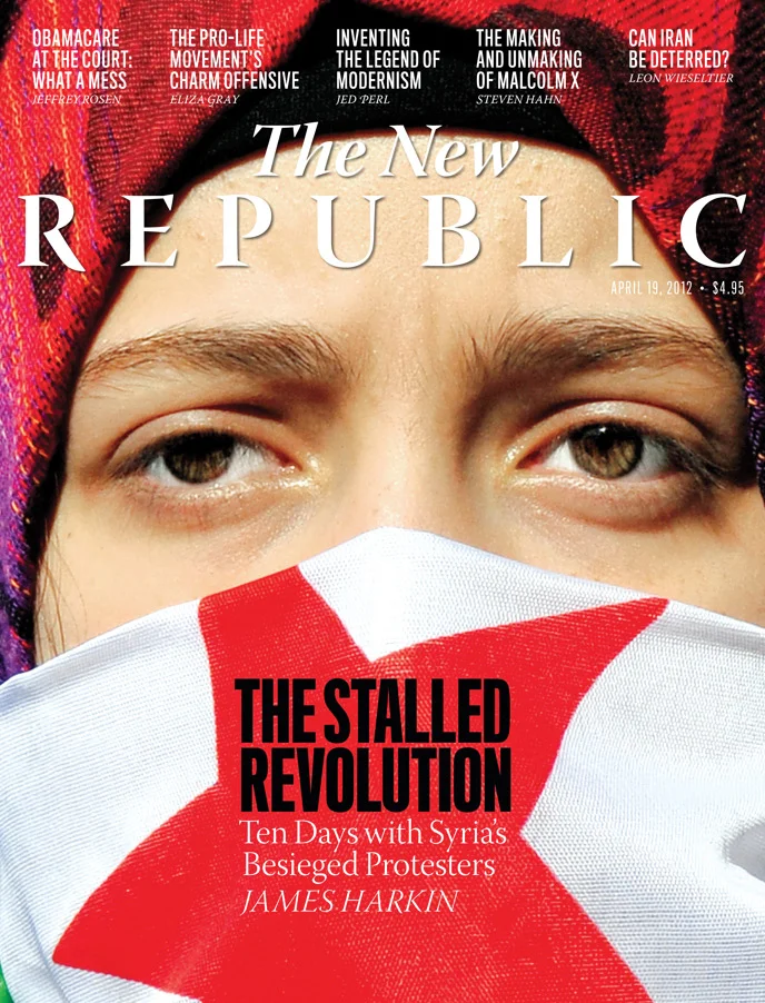 Cover of The New Republic magazine, dated April 19, 2012. Features a close-up of a person's face with eyes visible and mouth covered by a cloth bearing a red and white pattern. The headline reads "The Stalled Revolution: Ten Days with Syria's Besiege