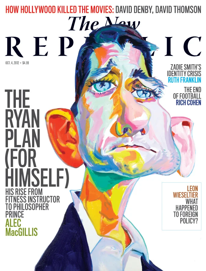 Cover of The New Republic magazine featuring a caricature of a man in a suit with colorful, exaggerated features. The title reads "The Ryan Plan (For Himself)." Articles by Alec MacGillis, David Denby, David Thomson, Ruth Franklin, Rich Cohen, and Le