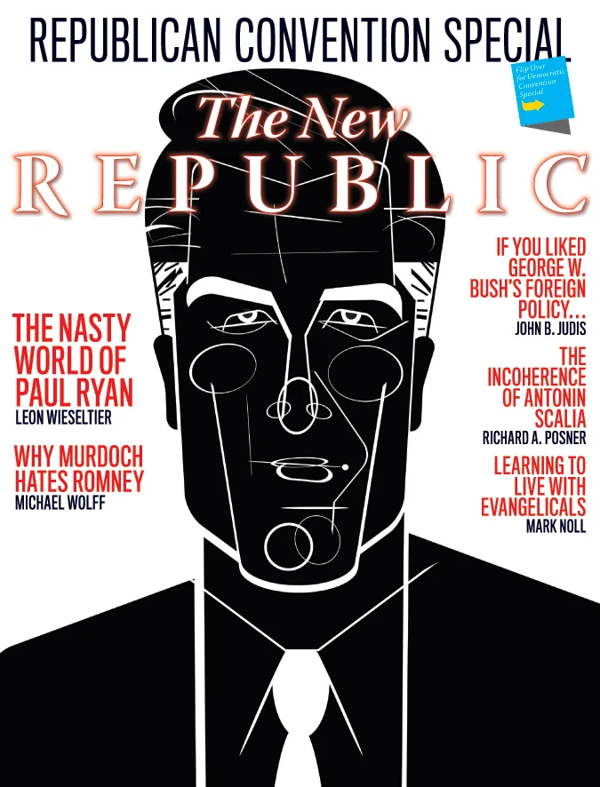 The New Republic magazine cover featuring a stylized illustration of a man's face. Headline reads, 'Republican Convention Special'. Articles include topics on Paul Ryan, Murdoch and Romney, George W. Bush's foreign policy, Antonin Scalia, and evangel
