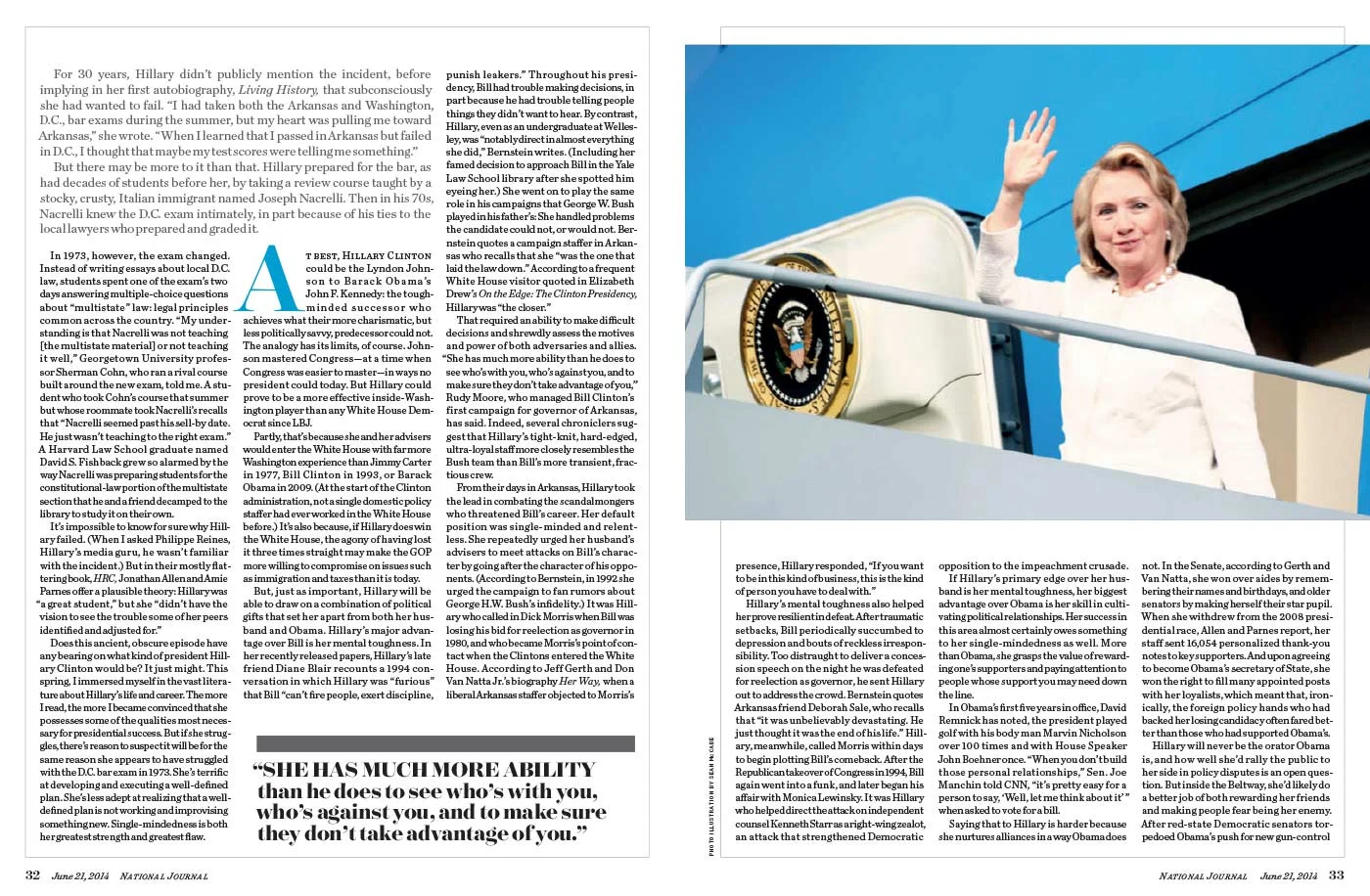 Magazine article with a photo of a woman waving from an aircraft stairway. She is wearing a white suit and standing next to a seal resembling the Presidential Seal of the United States. The article text discusses her political career and public image