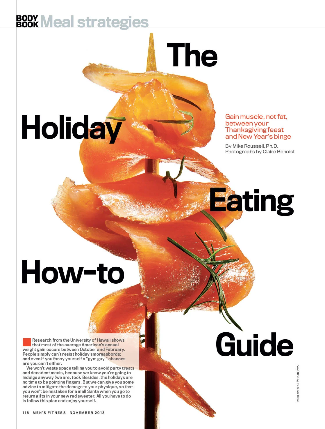 Magazine page featuring the title 'The Holiday Eating How-to Guide' with an image of salmon skewers and text about gaining muscle during holidays.
