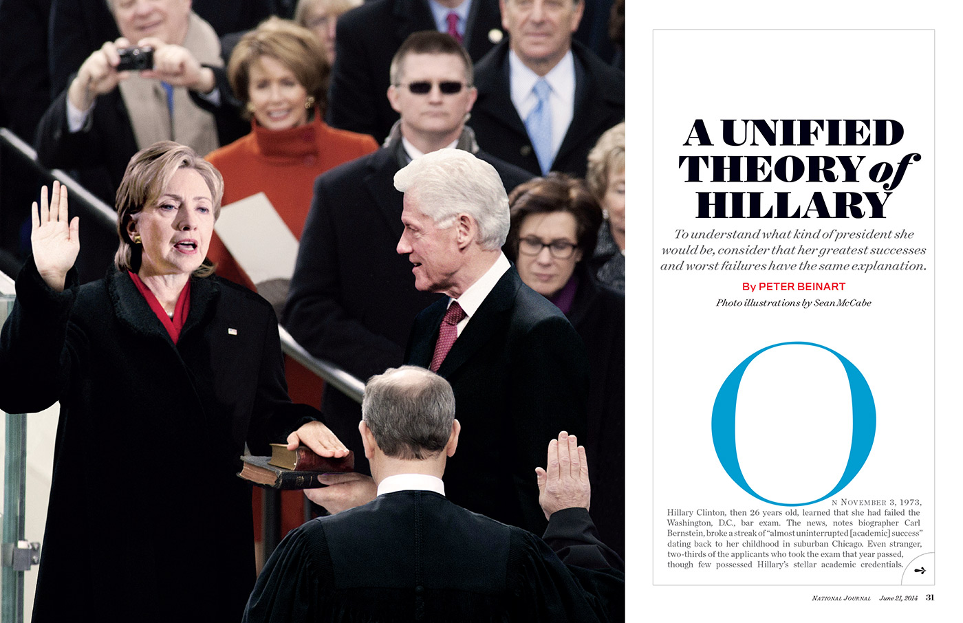A composite image of a woman taking an oath with a hand raised, surrounded by people. The right side shows a magazine article titled "A Unified Theory of Hillary" by Peter Beinart, featuring text and design elements.