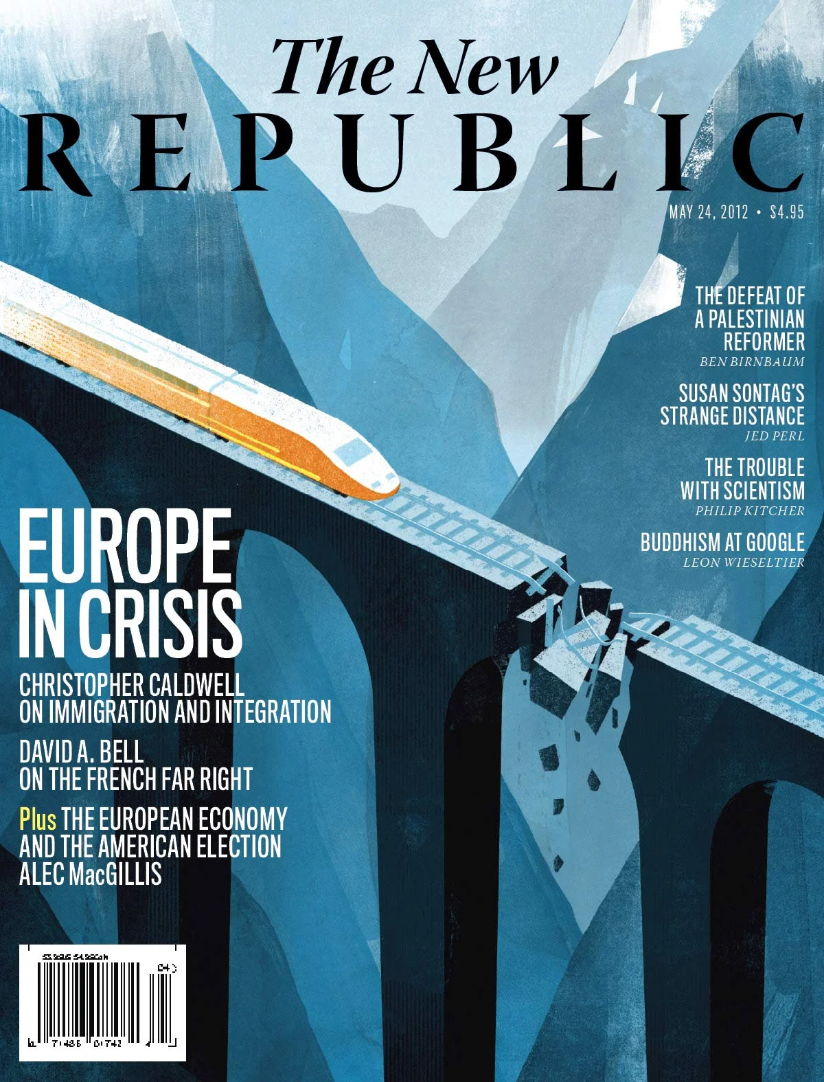 Cover of The New Republic magazine from May 24, 2012, featuring the headline "Europe in Crisis." The illustration depicts a train on a crumbling bridge. Other articles mentioned include immigration and integration, the French far right, the European 