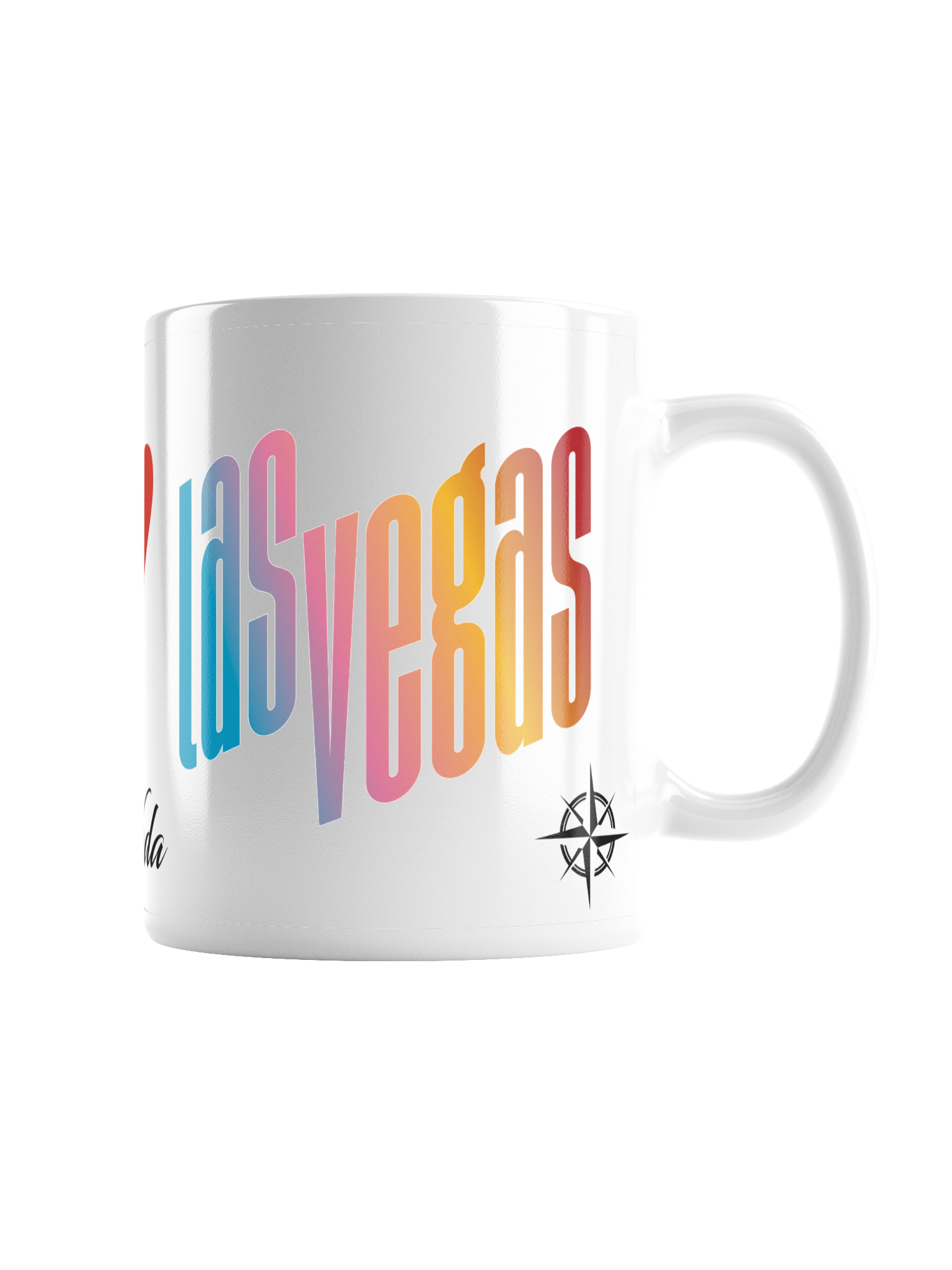 A white ceramic mug with a colorful, stylized text design that reads 'Las Vegas' in large, bold, letters. The mug also features a small compass symbol near the handle.