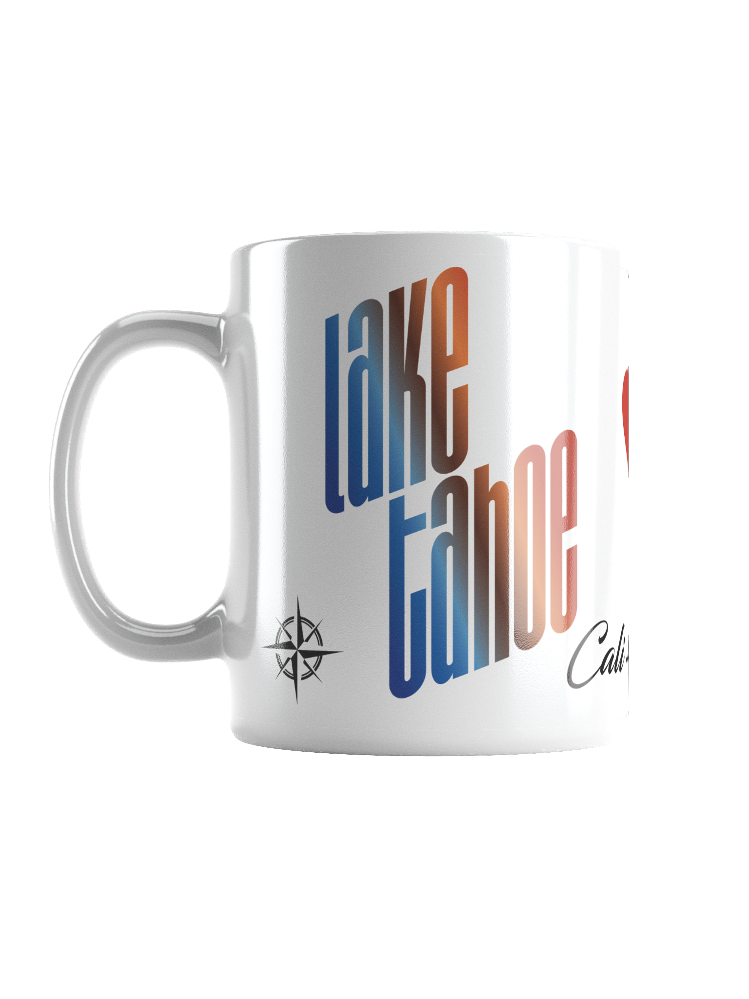 A white ceramic mug with the words "Take Real F**k" printed in large, colorful letters and a compass rose symbol underneath, against a black background.