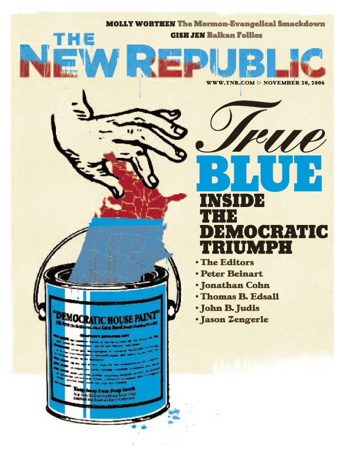 Cover of The New Republic magazine featuring an illustration of a hand dipping a red, Republicans-themed object into a can of blue, labeled 'Democratic House Paint.' The text reads 'True Blue Inside the Democratic Triumph,' with contributor names lis