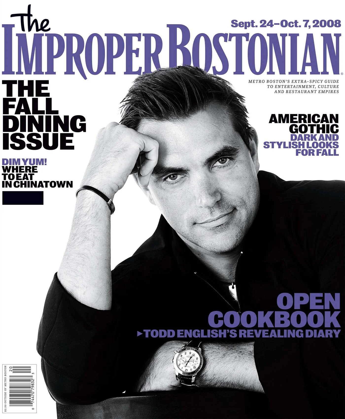 Cover of "The Improper Bostonian" magazine with a black and white portrait of a man. The text includes "The Fall Dining Issue," "American Gothic Dark and Stylish Looks for Fall," and "Open Cookbook: Todd English's Revealing Diary." Dated Sept. 24 - O