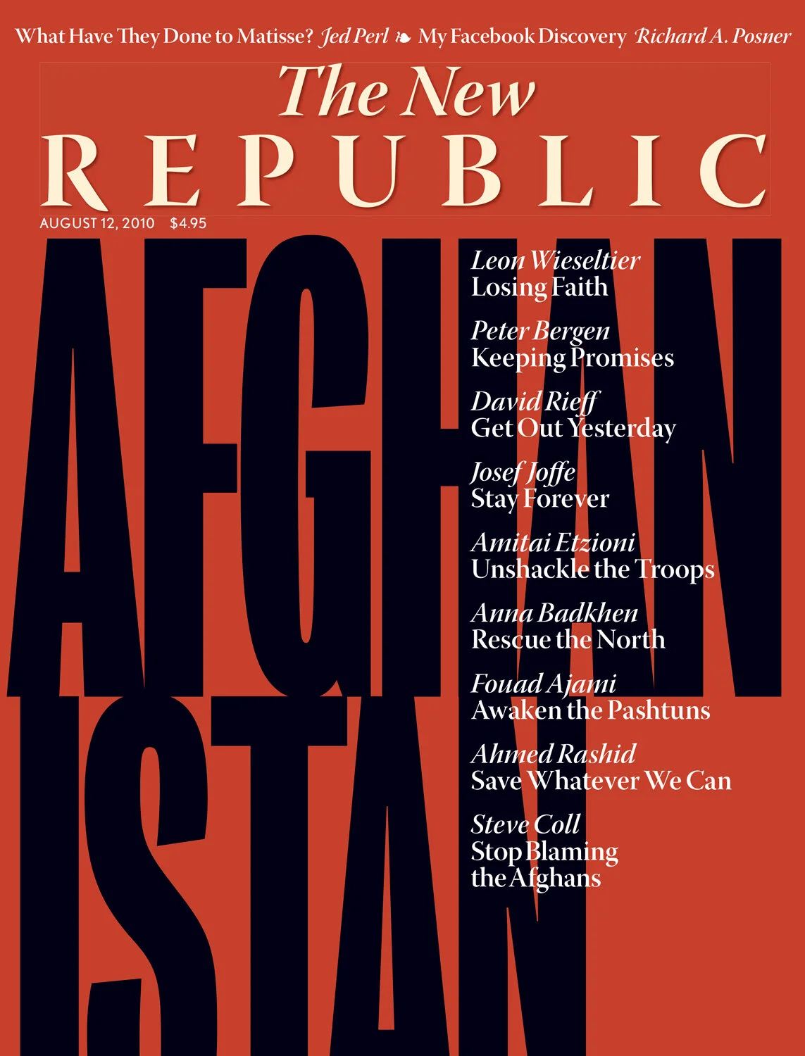 Cover of The New Republic magazine, August 12, 2010, featuring the word 'AFGHANISTAN' vertically in large letters and various article titles by different authors.