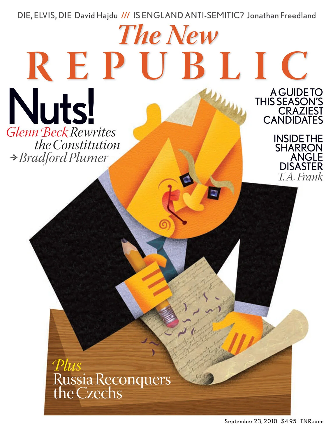 Illustrated cover of The New Republic magazine dated September 23, 2010. Features an abstract caricature with a yellow face and suit, holding a pencil and scroll. Headlines include 'Nuts! Glenn Beck Rewrites the Constitution' and 'Russia Reconquers t