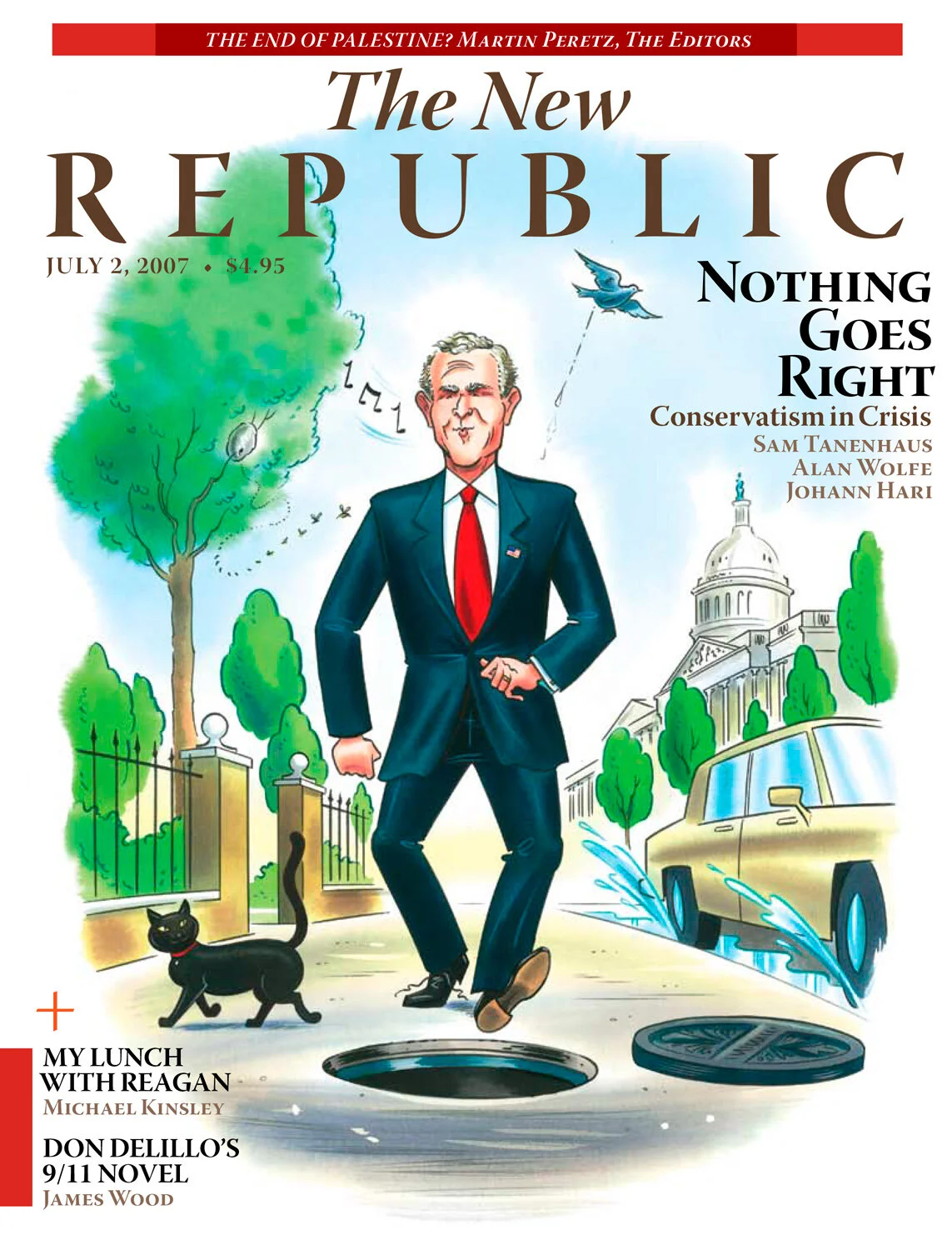 Cover of "The New Republic" magazine featuring a caricature of a man in a suit walking near an open manhole with a black cat crossing his path. The background includes trees, a car, and the U.S. Capitol building. Headline reads: "Nothing Goes Right: 