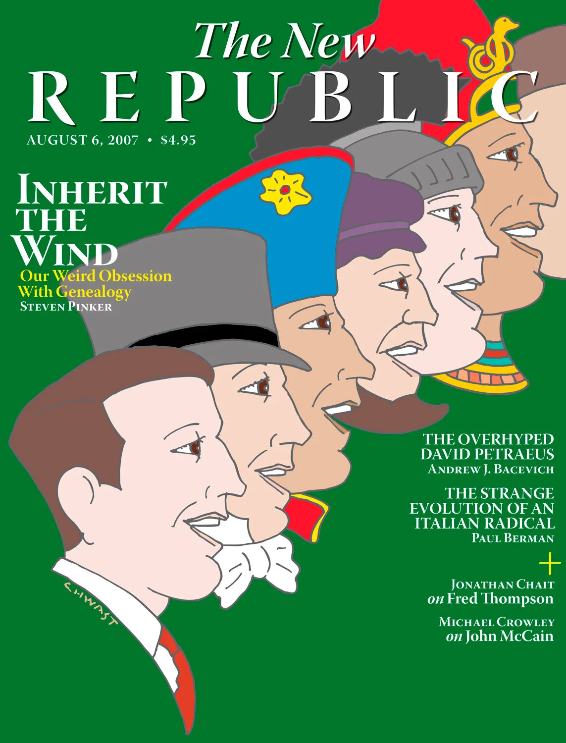 Cover of The New Republic magazine dated August 6, 2007, featuring cartoonish profiles of various people in different historical costumes against a green background, with headlines discussing genealogy and articles by Steven Pinker and others.