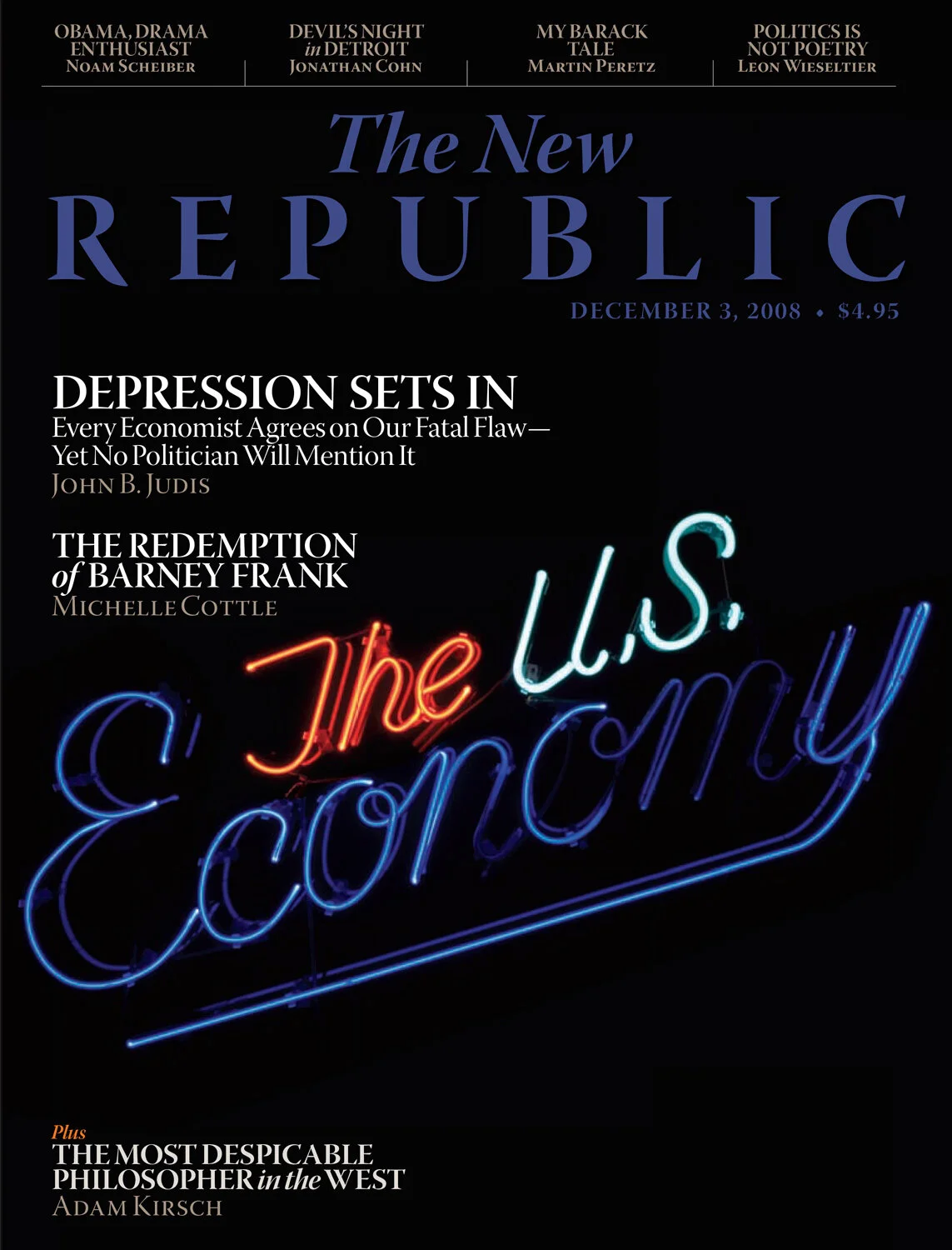 Cover of The New Republic magazine, dated December 3, 2008, featuring the headline "Depression Sets In" above neon-style text reading "The U.S. Economy." Additional articles include topics on Obama, Detroit, and philosophy.