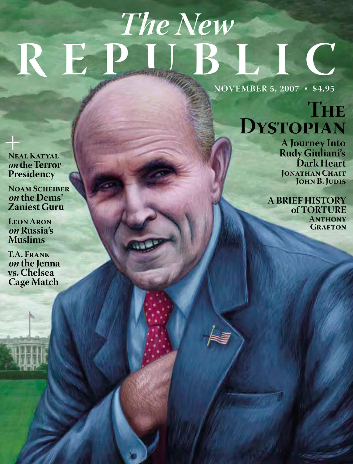 Cover of The New Republic magazine dated November 5, 2007, featuring an illustrated political figure in a suit, with an American flag pin. Headlines discuss topics like terrorism, U.S. politics, and a profile on Rudy Giuliani.