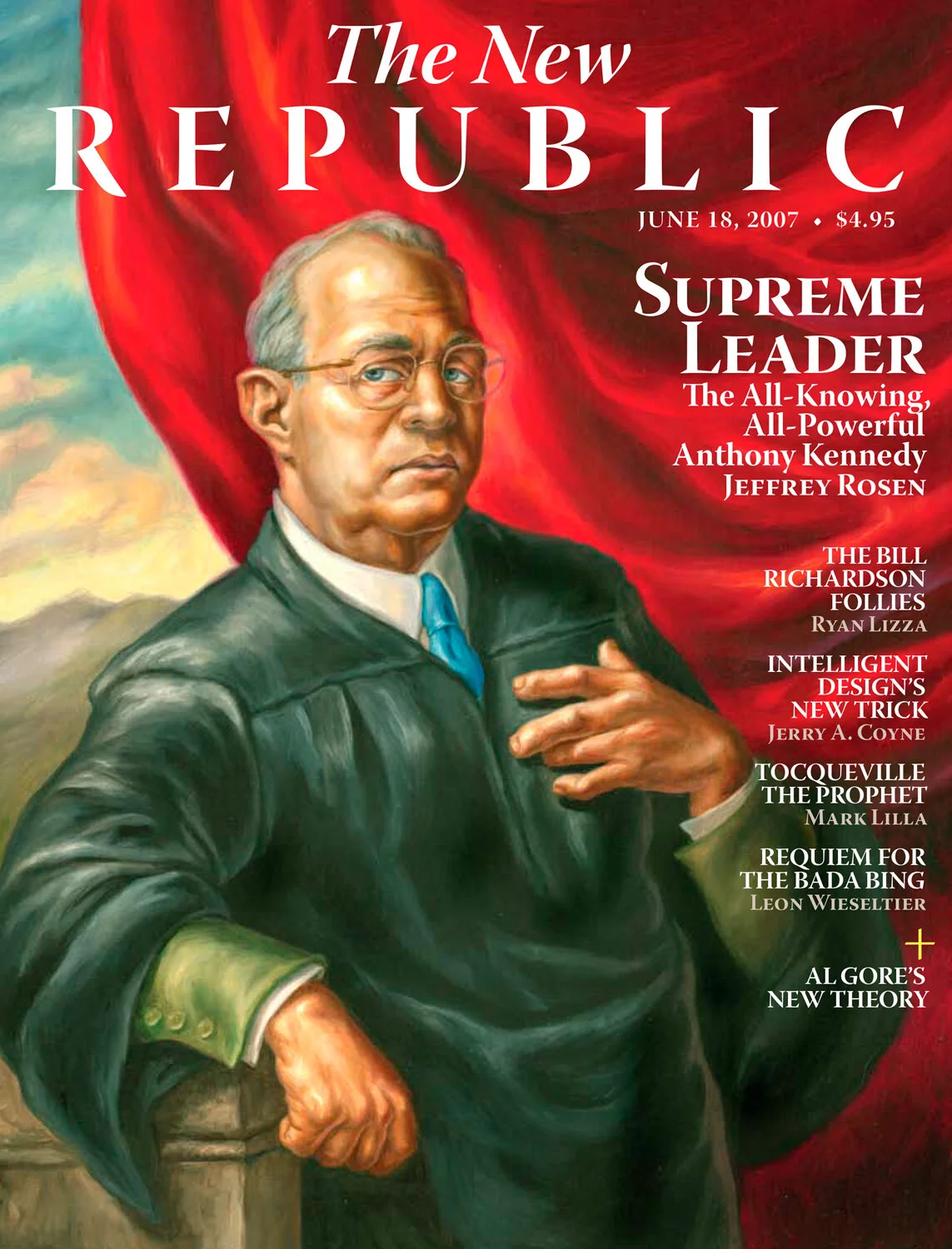Cover of "The New Republic" magazine featuring an illustration of a man in a suit and glasses, posing in front of a red drapery. The text includes the magazine's title, date of June 18, 2007, price of $4.95, and articles with titles like "Supreme Lea