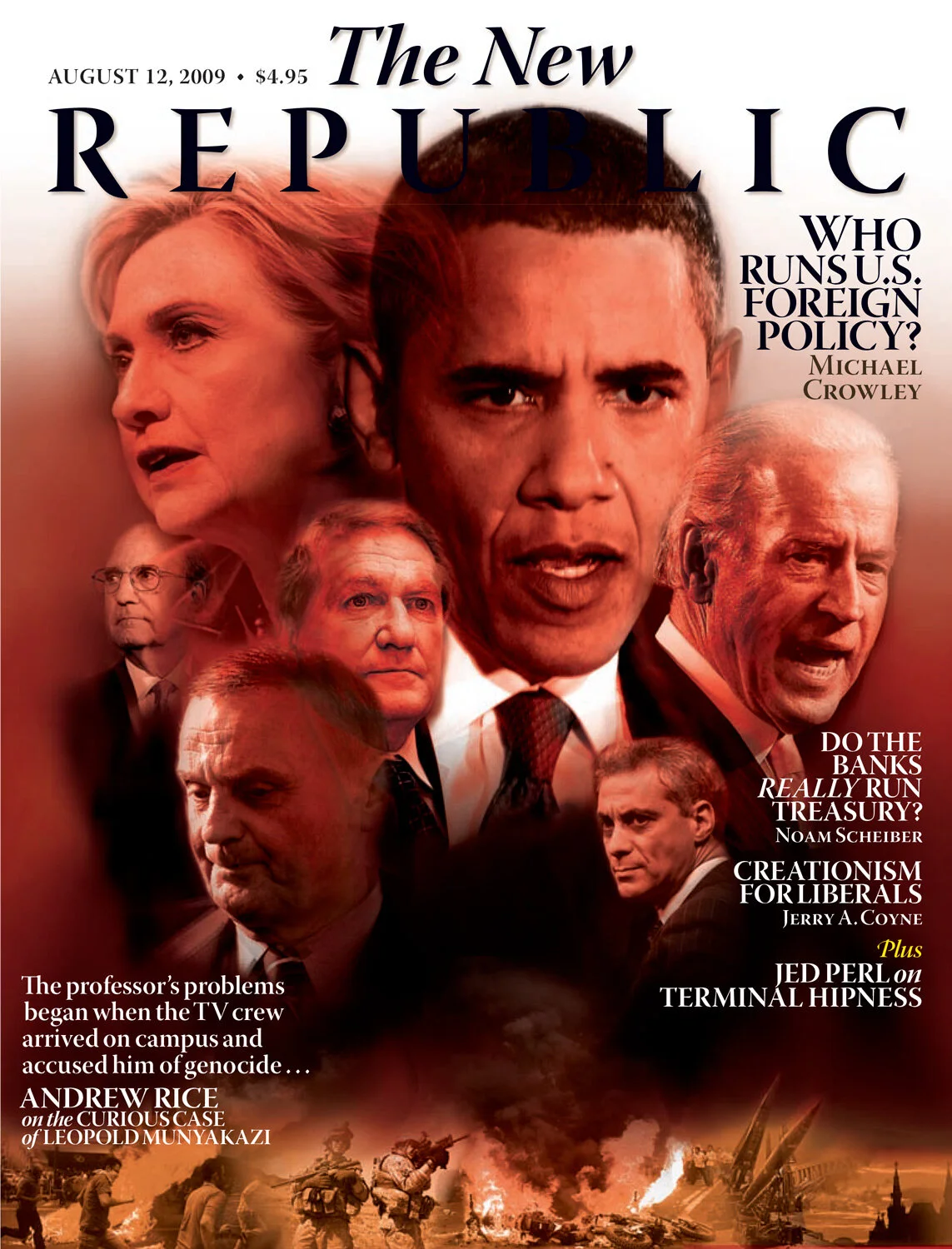 Cover of "The New Republic" magazine dated August 12, 2009, featuring several political figures. The main headline asks, "Who Runs U.S. Foreign Policy?" by Michael Crowley. Other articles include topics on the Treasury and creationism. Background ima
