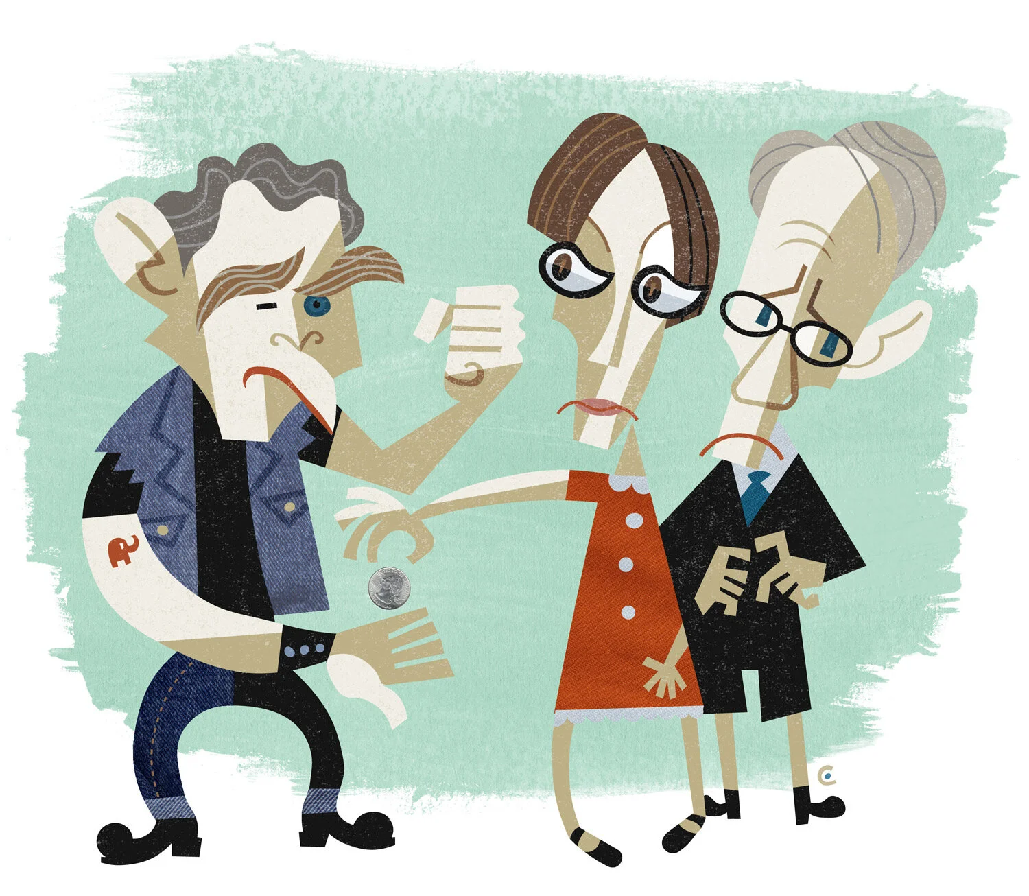 Abstract illustration of three stylized characters, including a person with a blue outfit holding a paper and a cigarette, and two others in formal attire, with exaggerated features, set against a textured teal background.