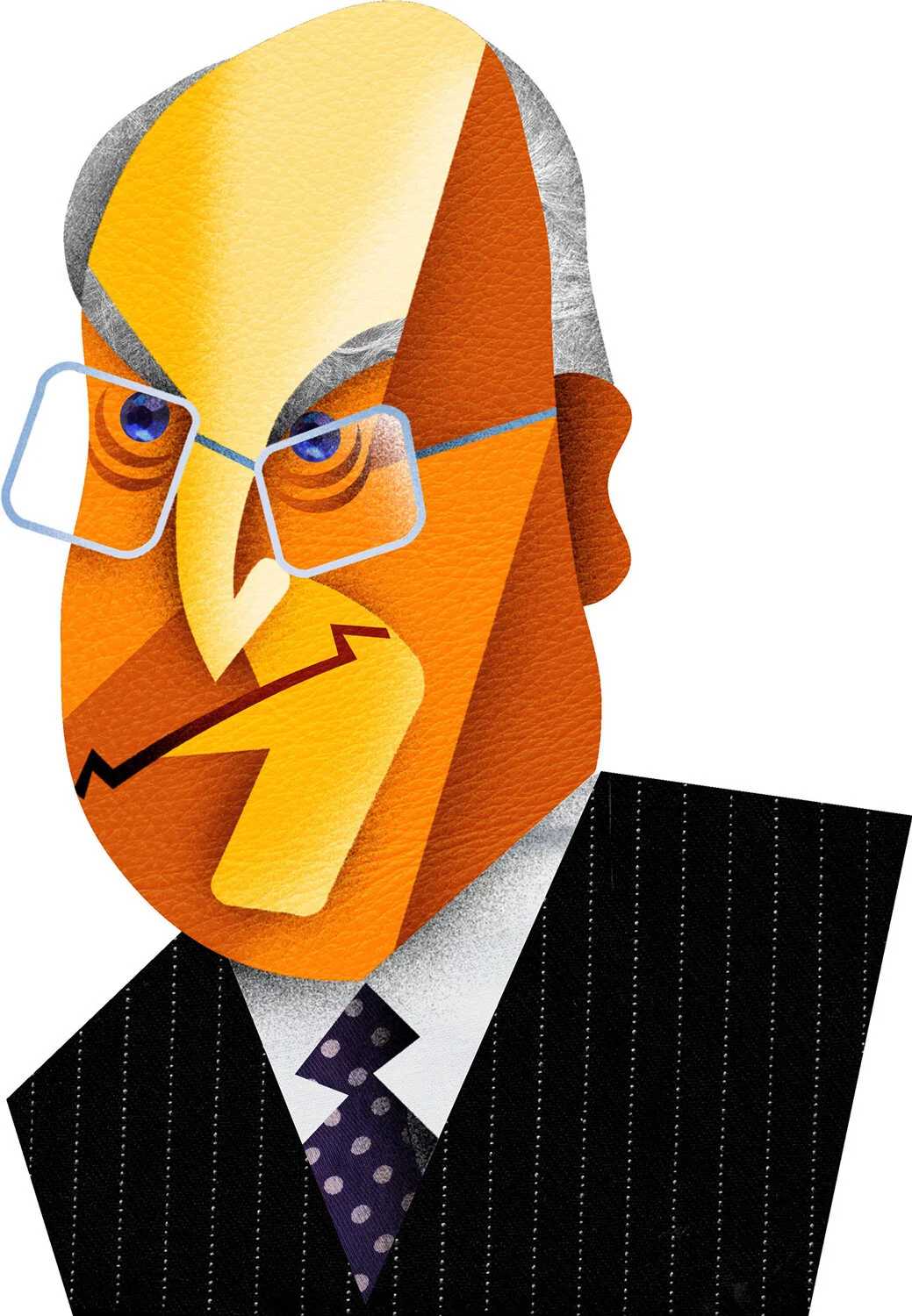 Abstract illustration of a man wearing glasses and a suit, with a serious expression and geometric facial features.