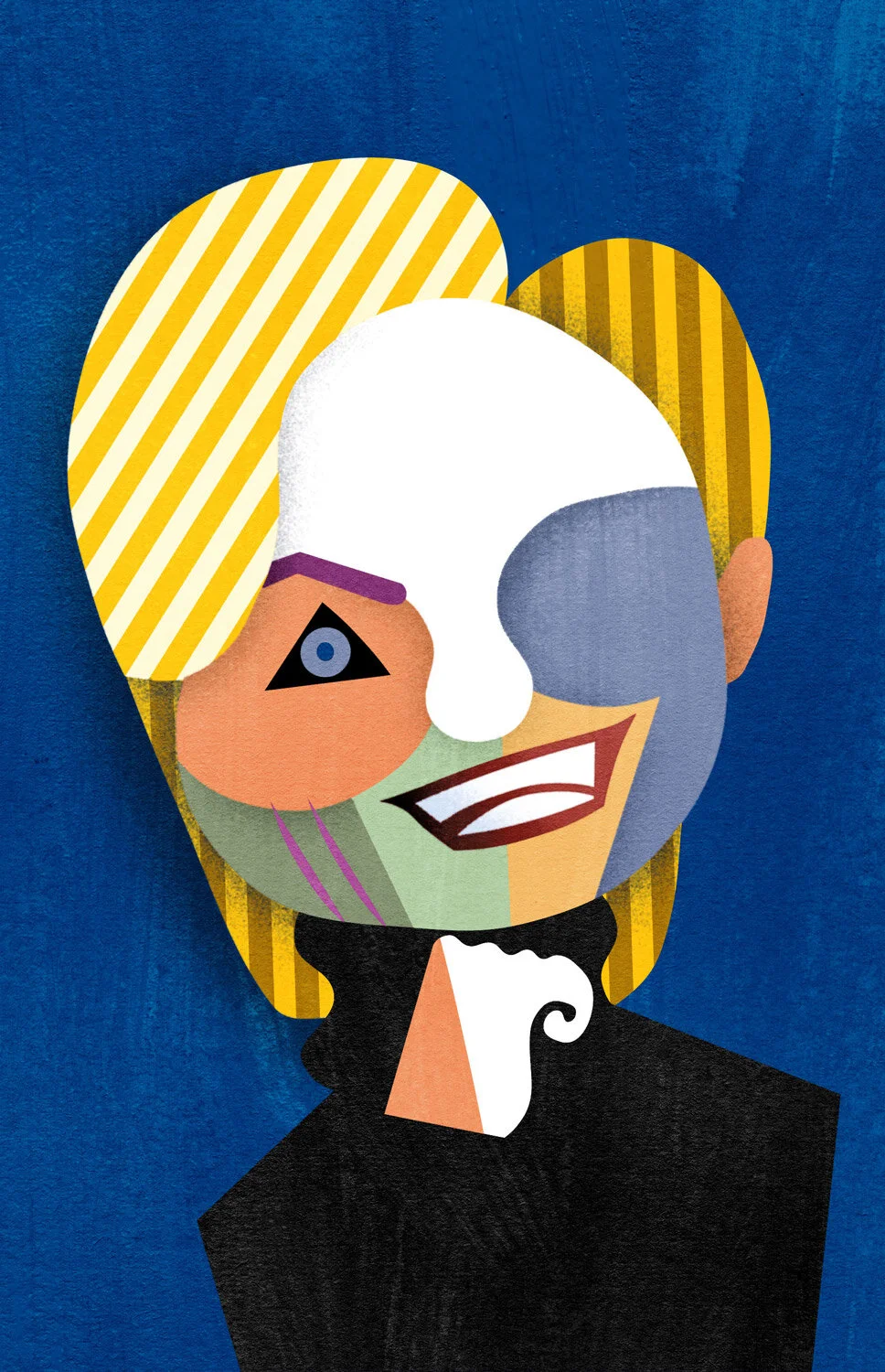 Abstract cubist portrait with geometric shapes, featuring a stylized face with striped yellow hair and a blue background.