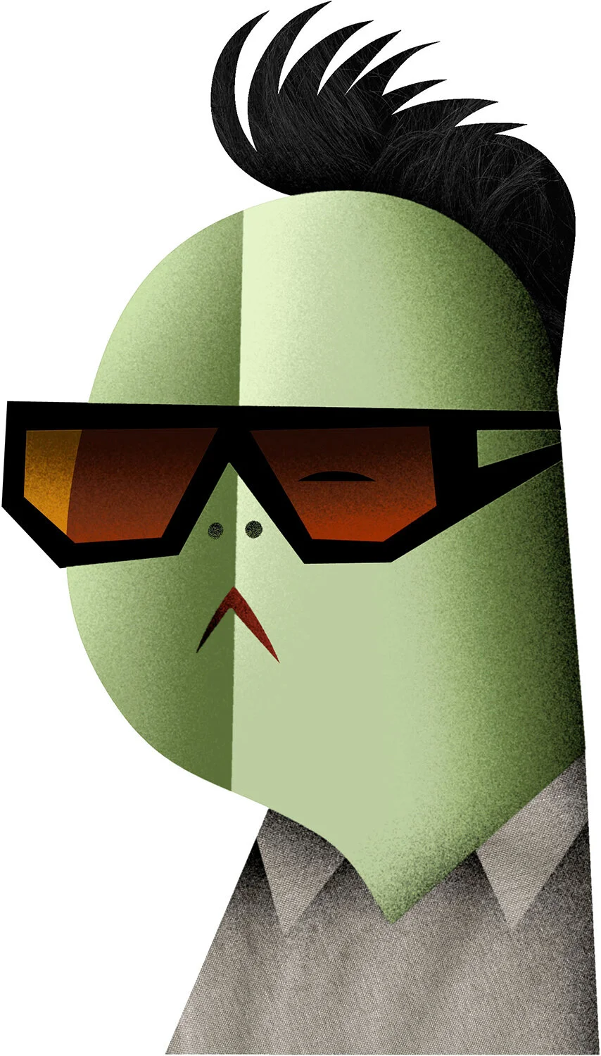 Illustration of a green-faced person wearing large sunglasses and with a slicked-back hairstyle.