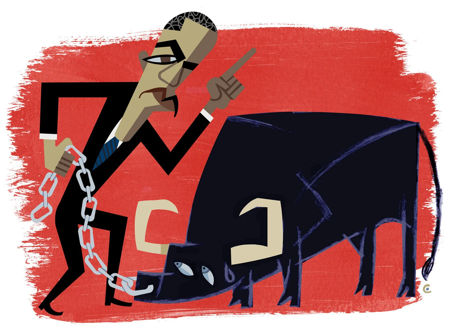 Illustration of a man in a suit holding a chain attached to a bull