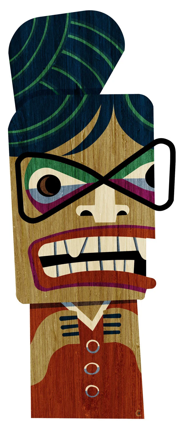 Colorful abstract illustration of a person with exaggerated facial expressions, styled in a geometric design with intense eyes and a wide grin.